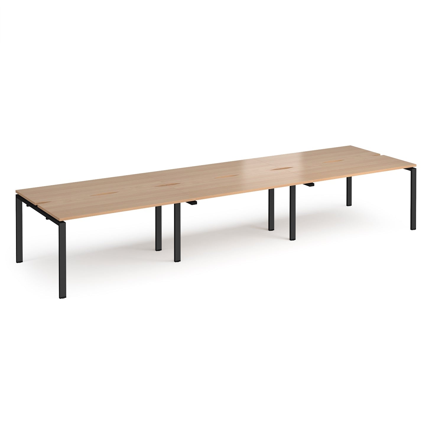 Long back-to-back desk with wood-effect top and black metal frame on a white background