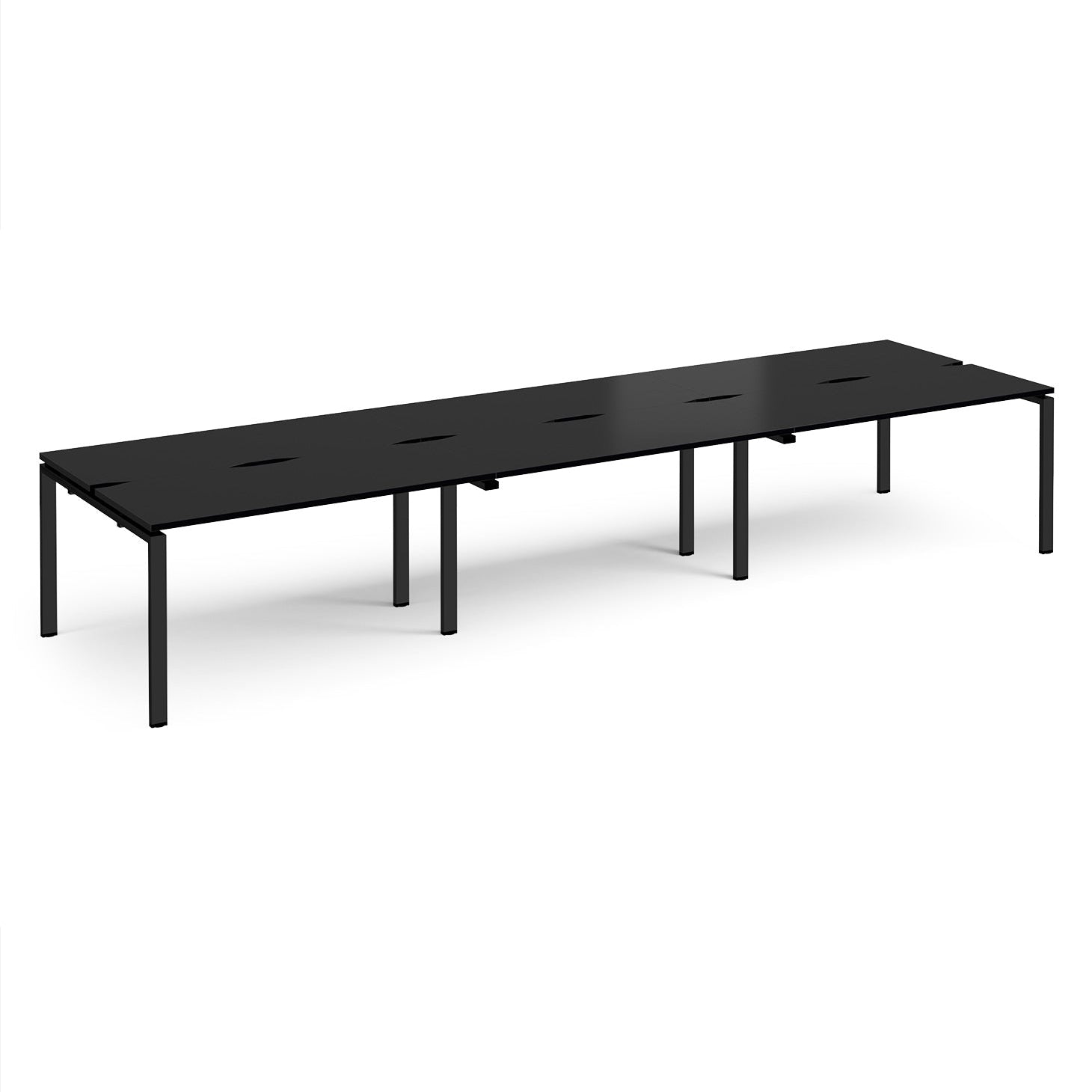 Black long back-to-back desk with metal frame on a white background