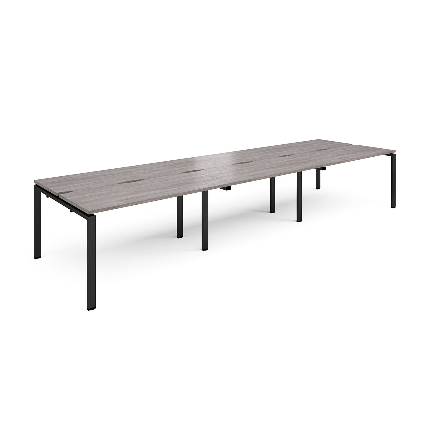 Long back-to-back desk with grey wood-effect top and black metal frame on a white background