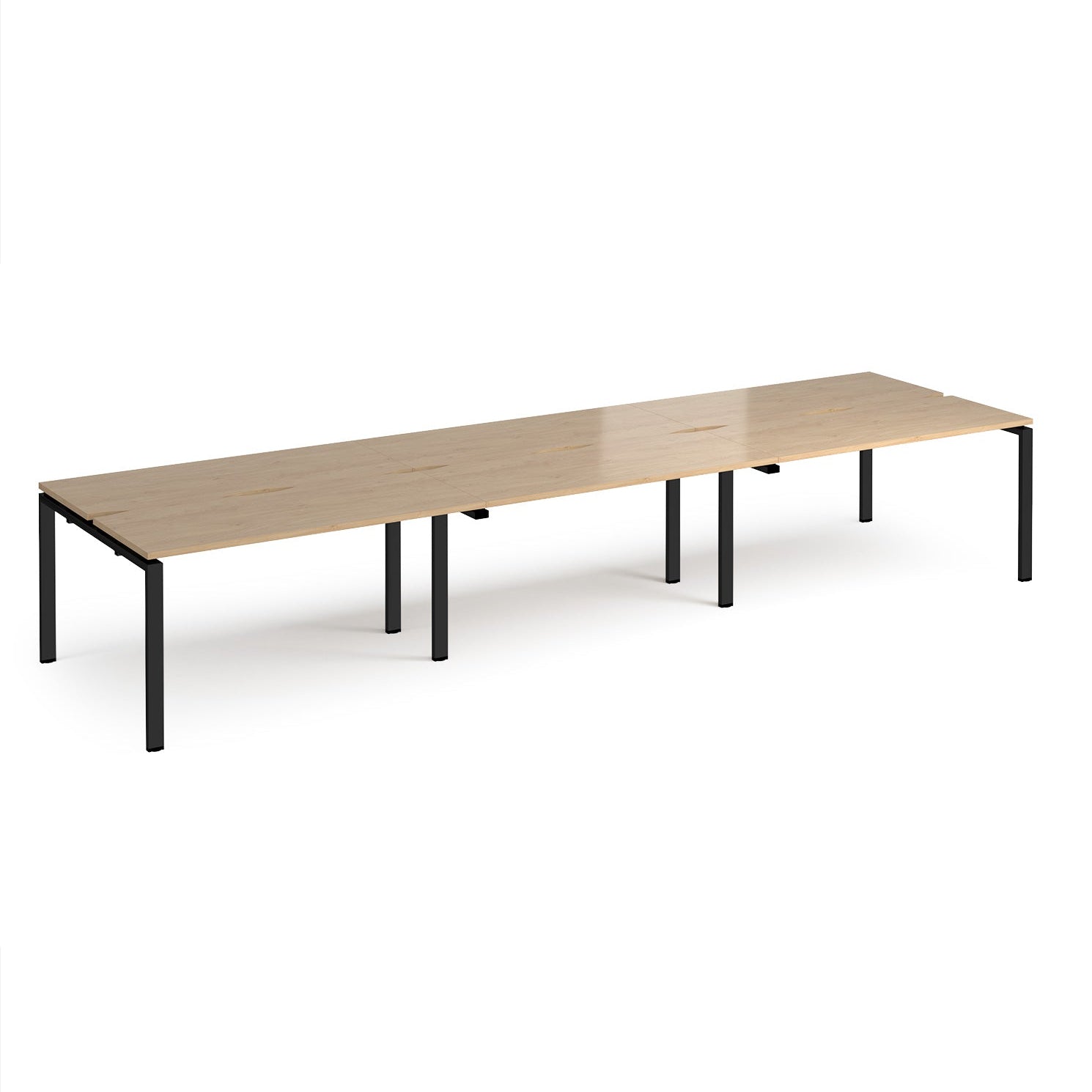 Long back-to-back desk with wood-effect top and black metal frame on a white background