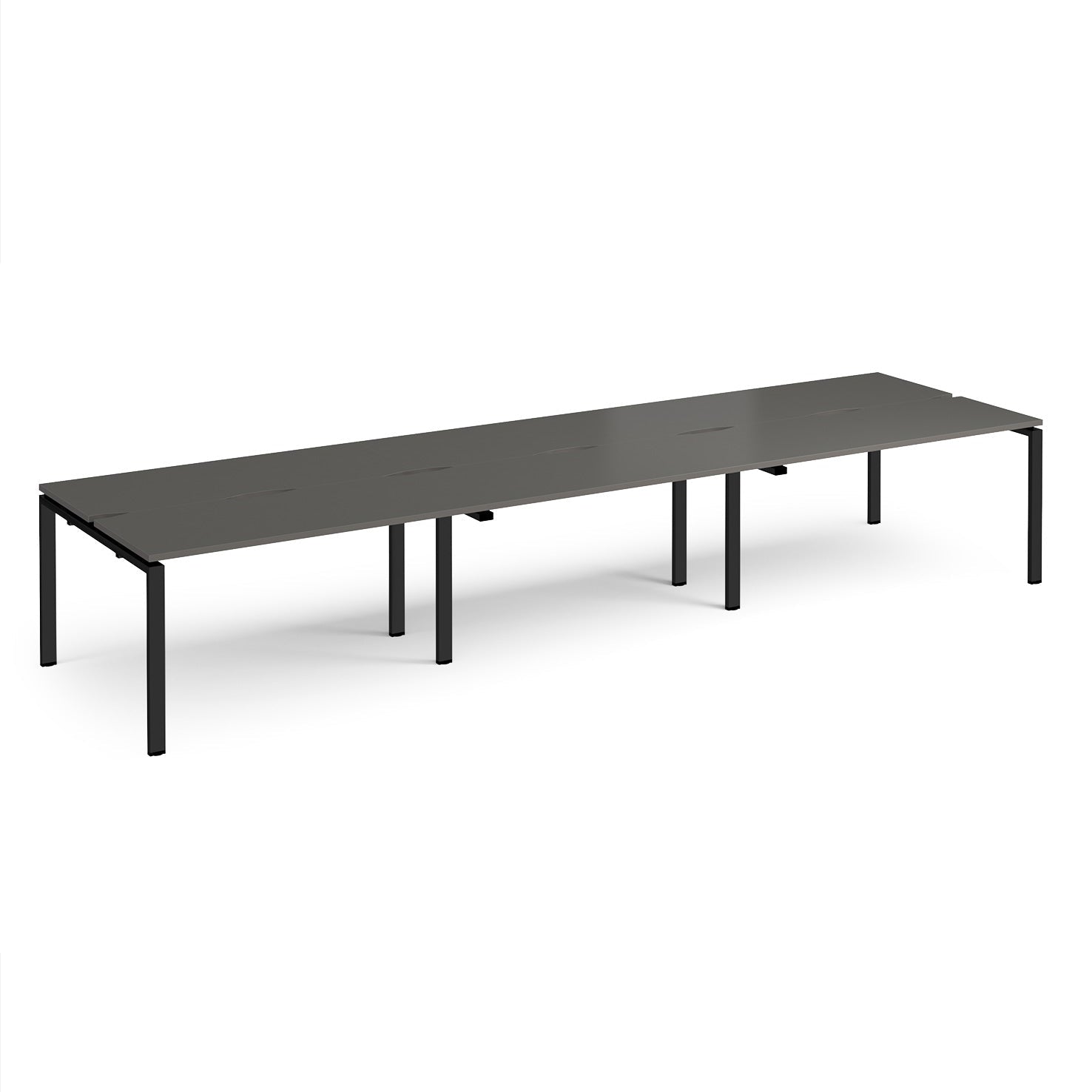 Long back-to-back desk with grey top and black metal frame on a white background