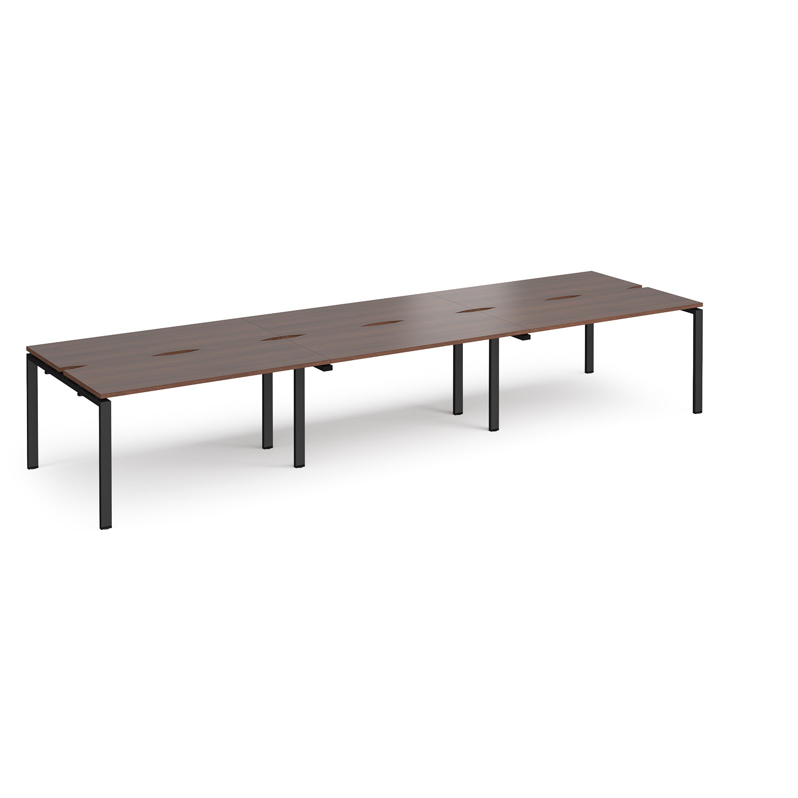 Long back-to-back desk with wood-effect top and black metal frame on a white background