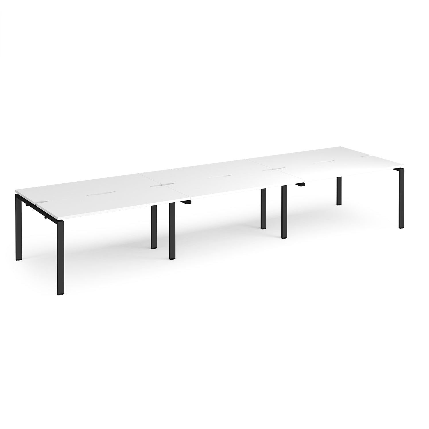 Long back-to-back desk with white top and black metal frame on a white background