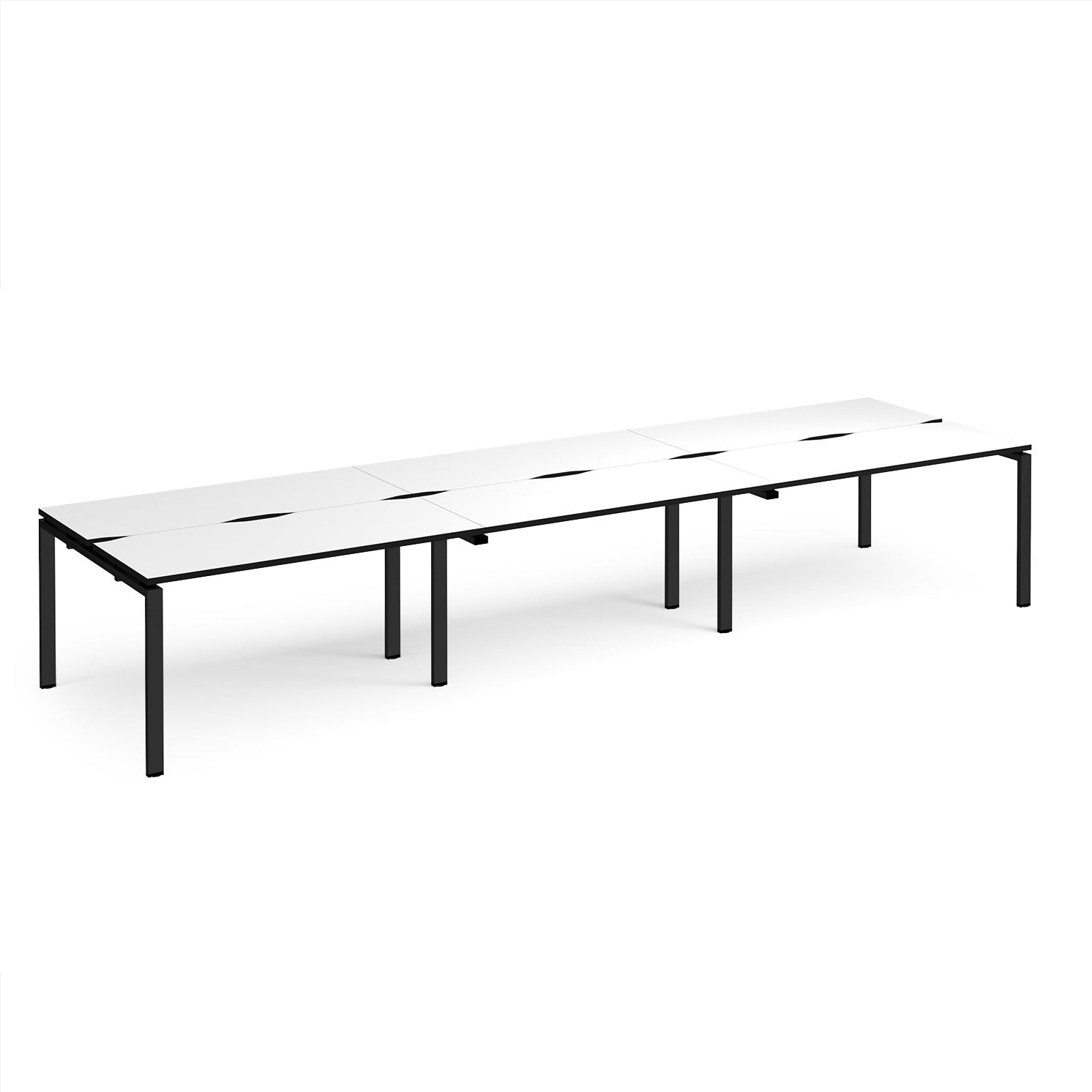 Long back-to-back desk with white top with black edges and black metal frame on a white background