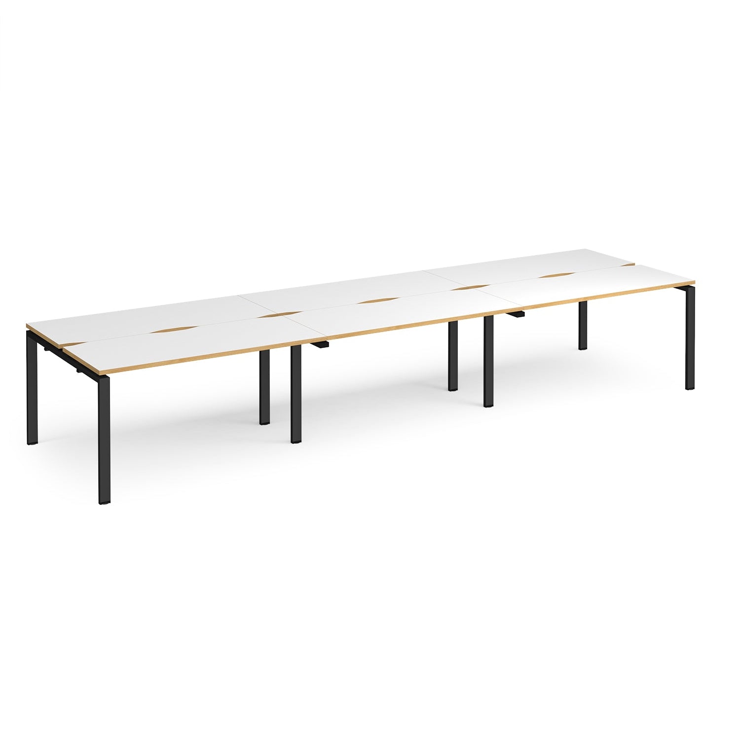 Long back-to-back desk with white top with wooden edges and black metal frame on a white background