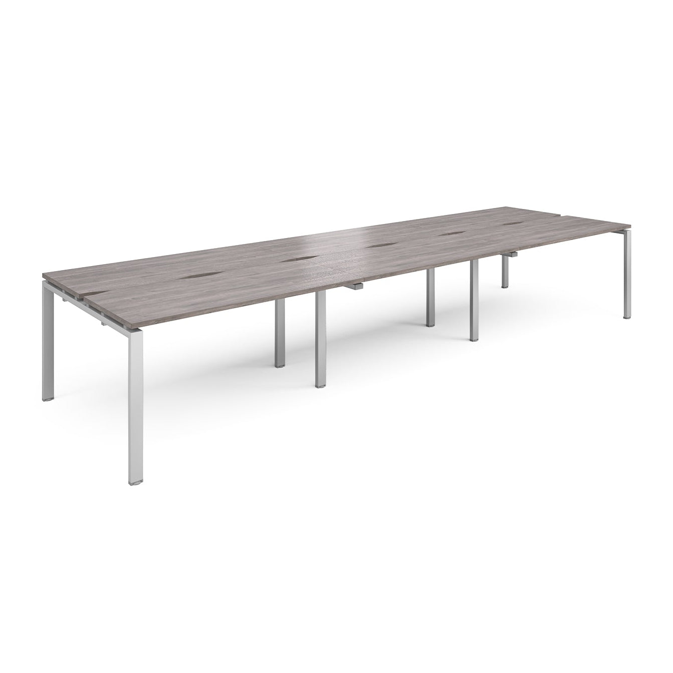 Long back-to-back desk with grey wood-effect top and silver metal frame on a white background