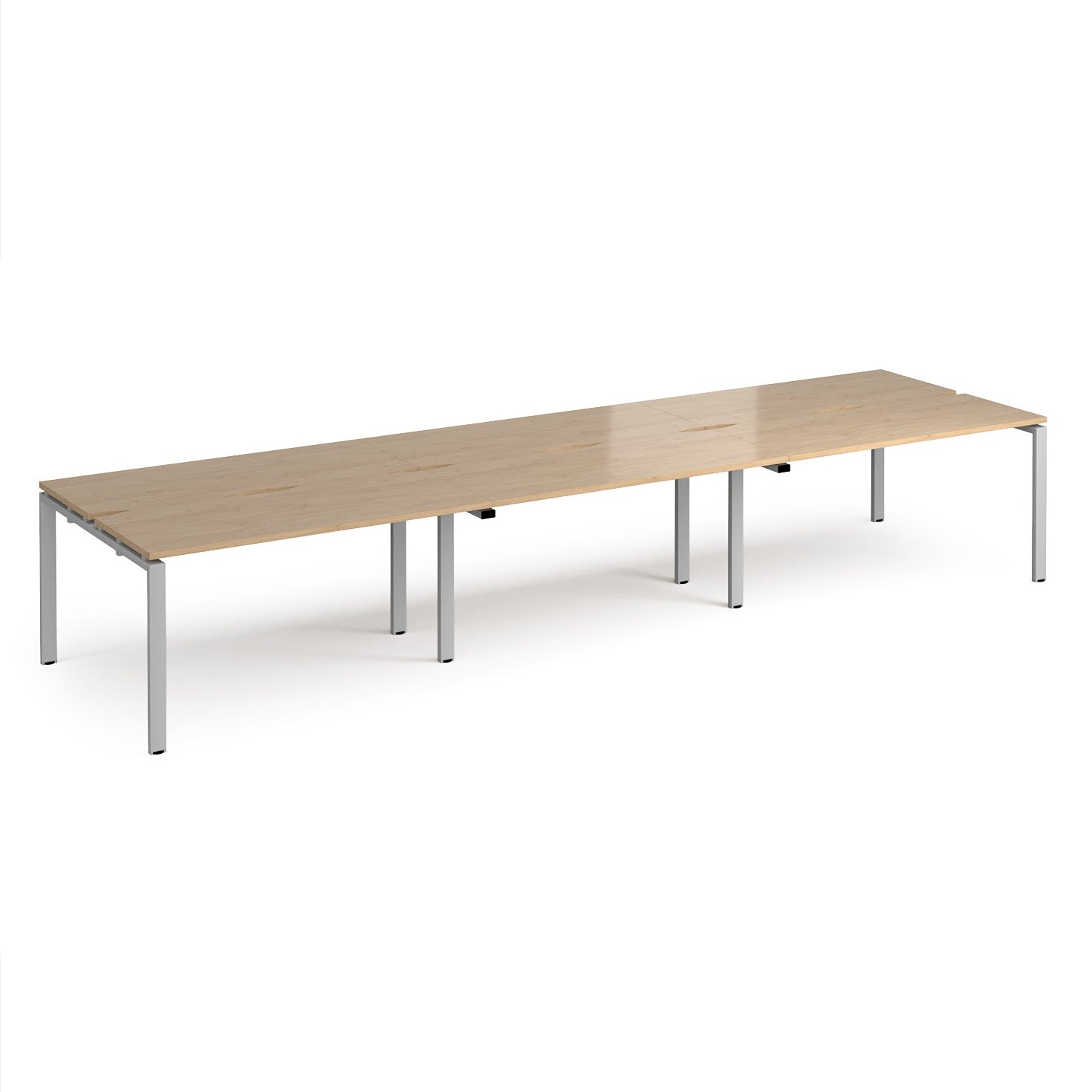 Long back-to-back desk with wood-effect top and silver metal frame on a white background