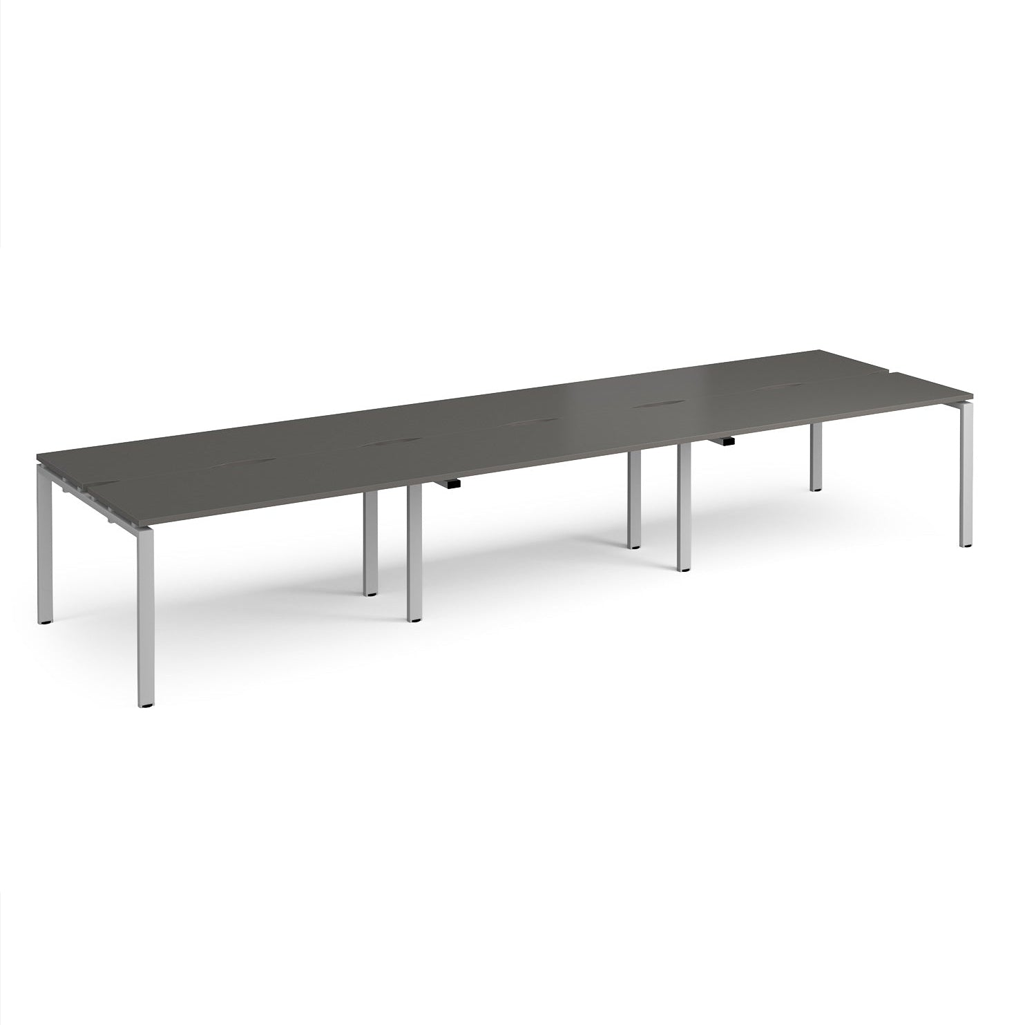 Long back-to-back desk with grey top and silver metal frame on a white background