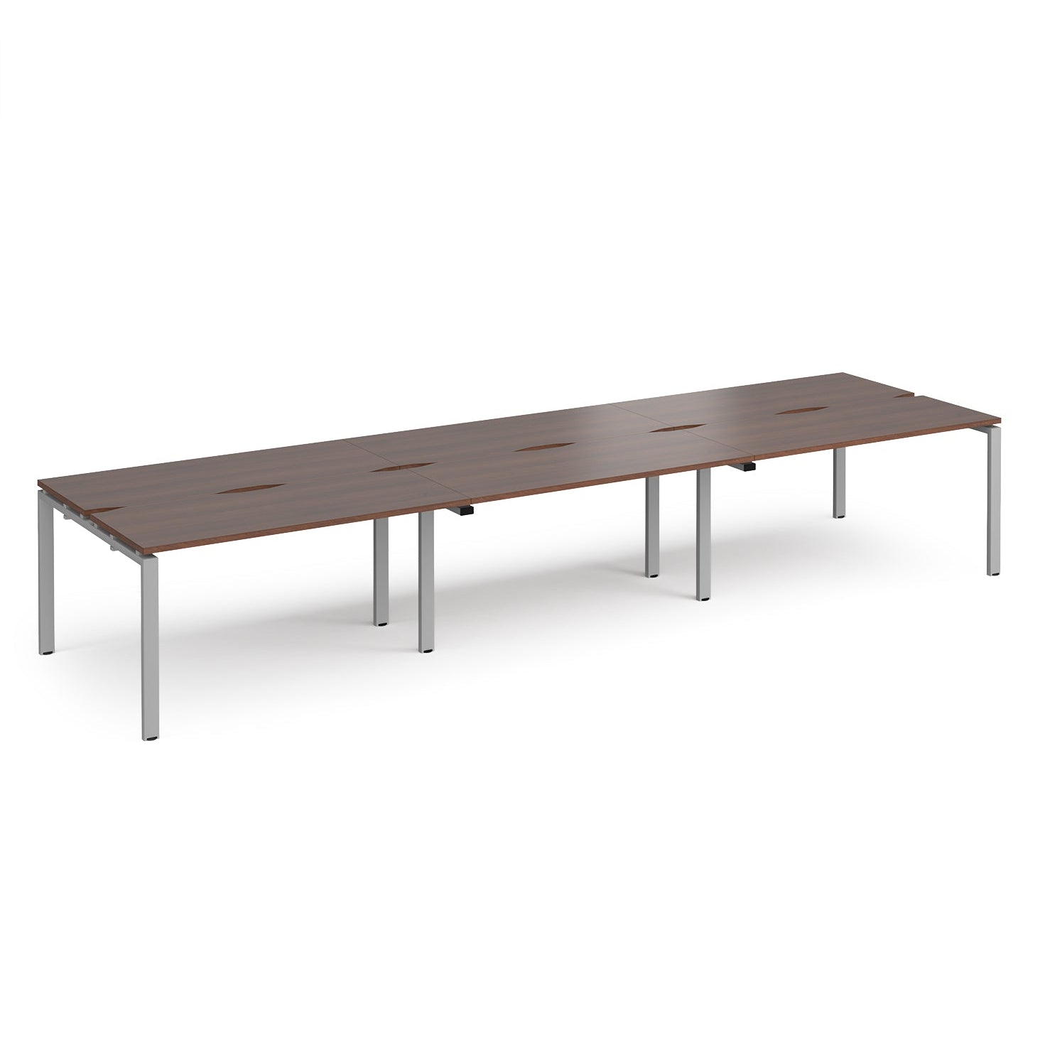 Long back-to-back desk with wood-effect top and silver metal frame on a white background
