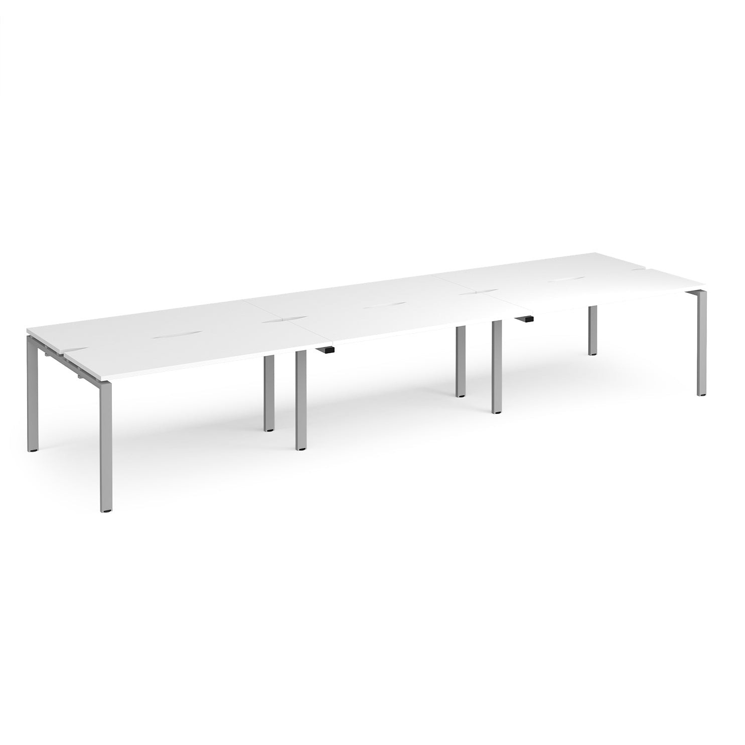 Long back-to-back desk with white top and silver metal frame on a white background