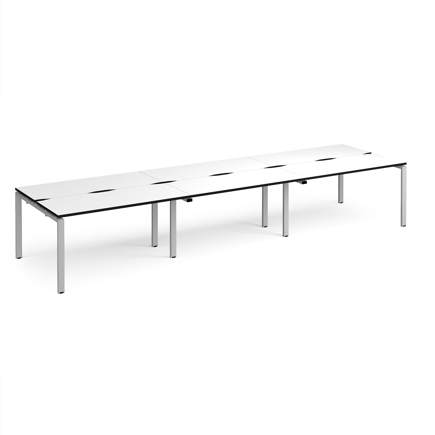 Long back-to-back desk with white top with black edges and silver metal frame on a white background