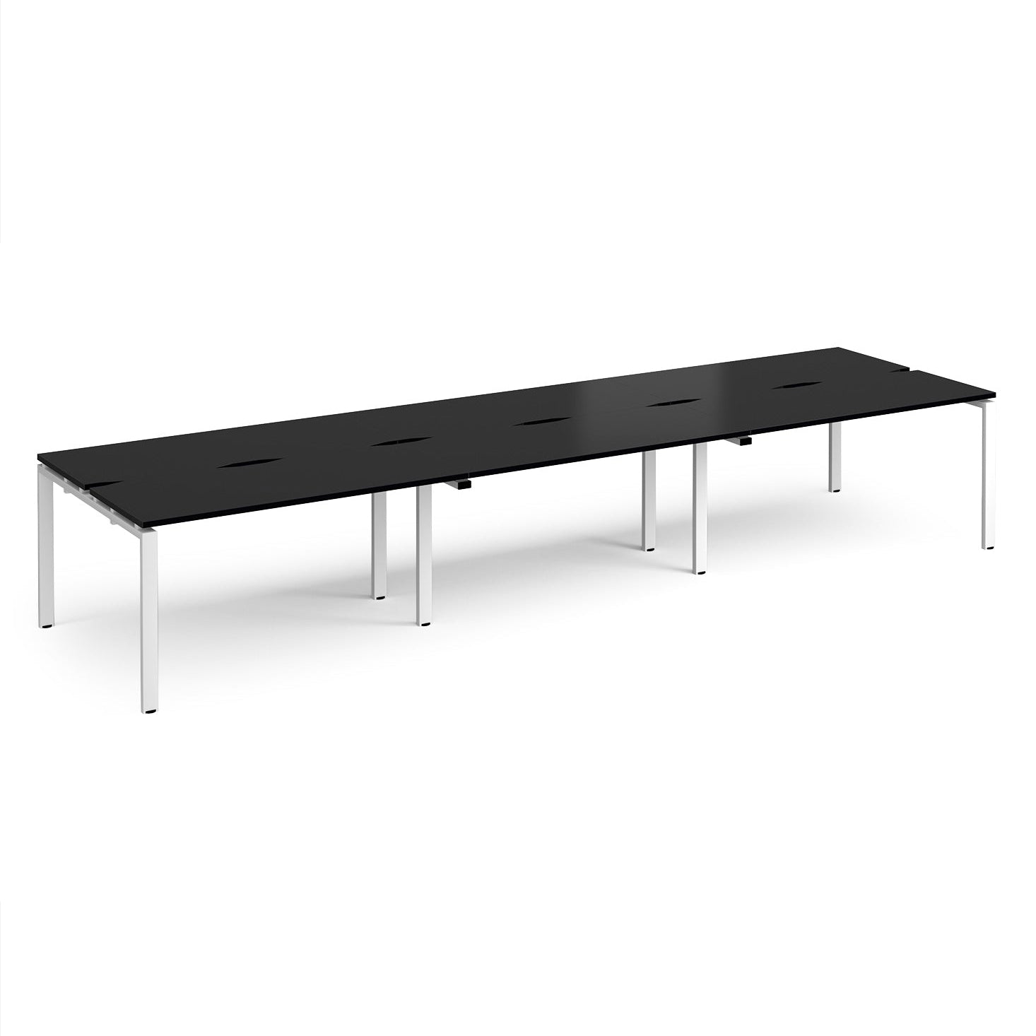 Long back-to-back desk with black top and white metal frame on a white background