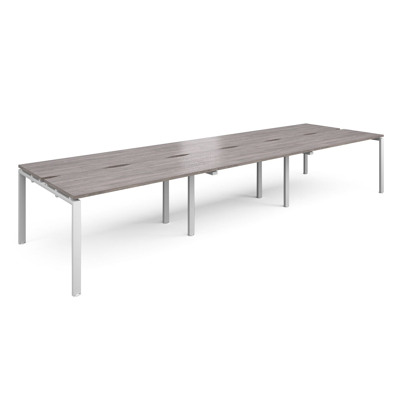 Long back-to-back desk with grey wood-effect top and white metal frame on a white background
