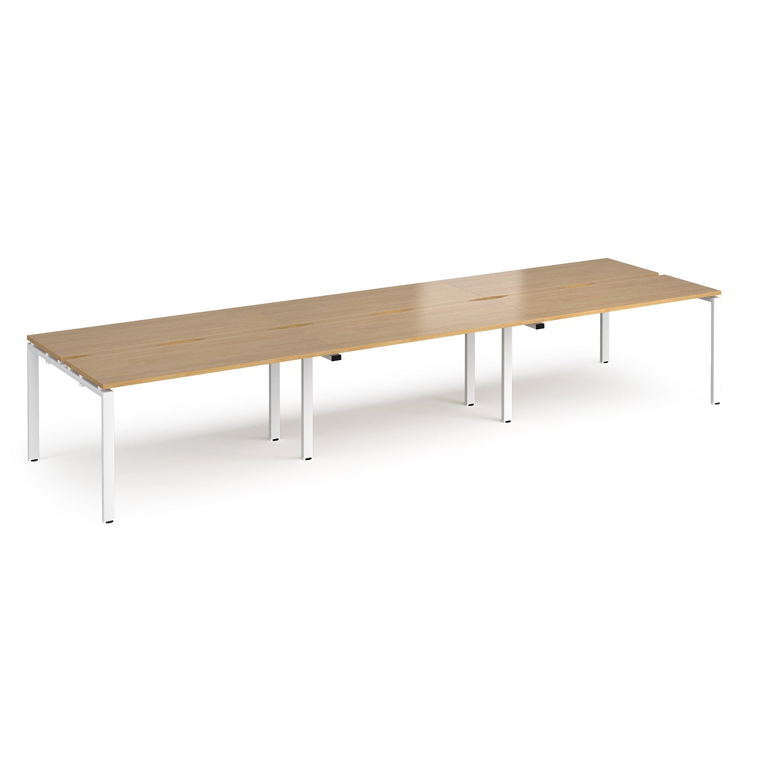 Long back-to-back desk with wood-effect top and white metal frame on a white background
