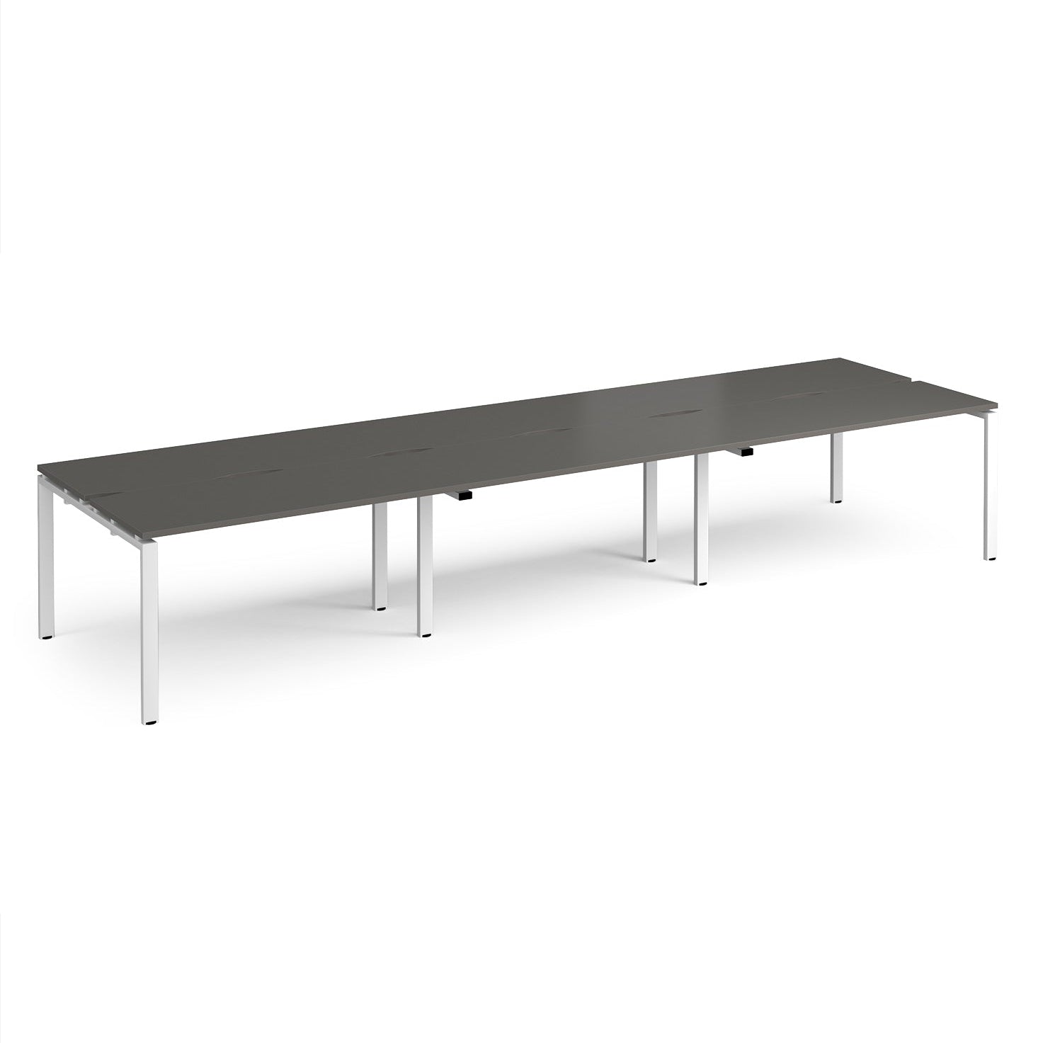 Long back-to-back desk with grey top and white metal frame on a white background