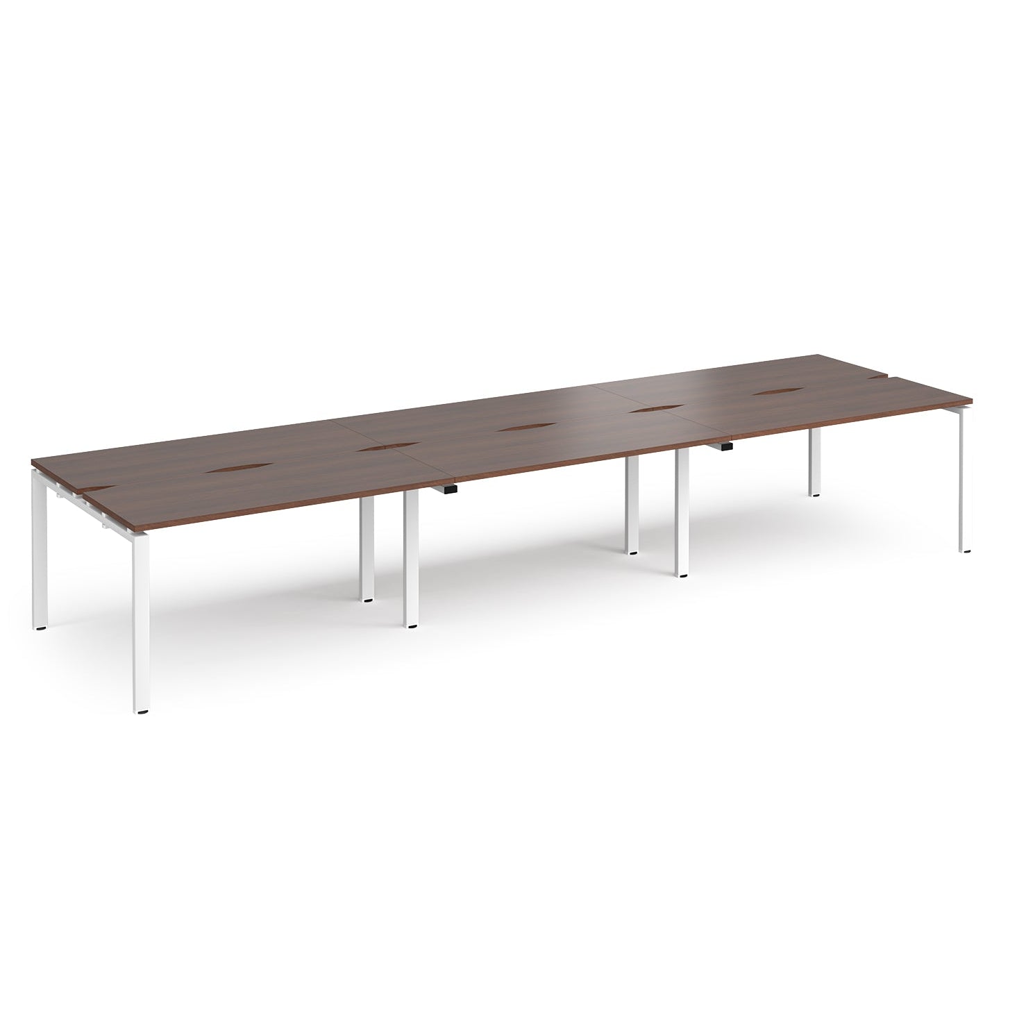 Long back-to-back desk with wood-effect top and white metal frame on a white background