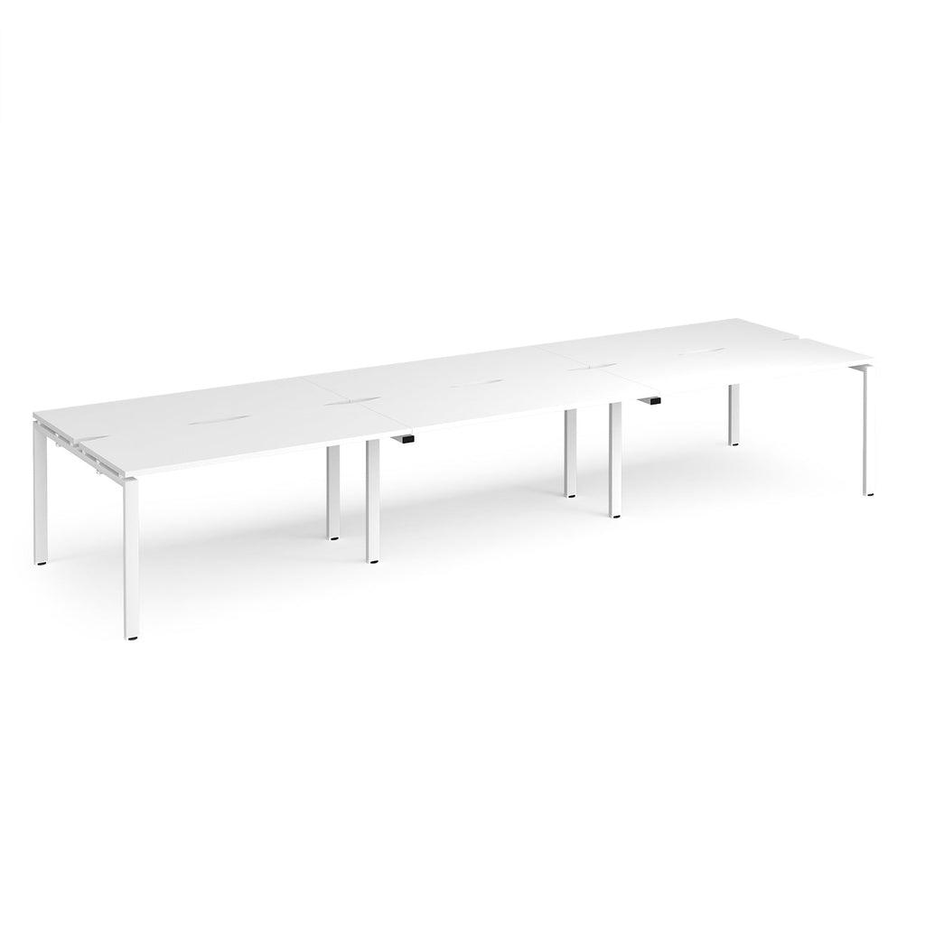 White long back-to-back desk with metal frame on a white background