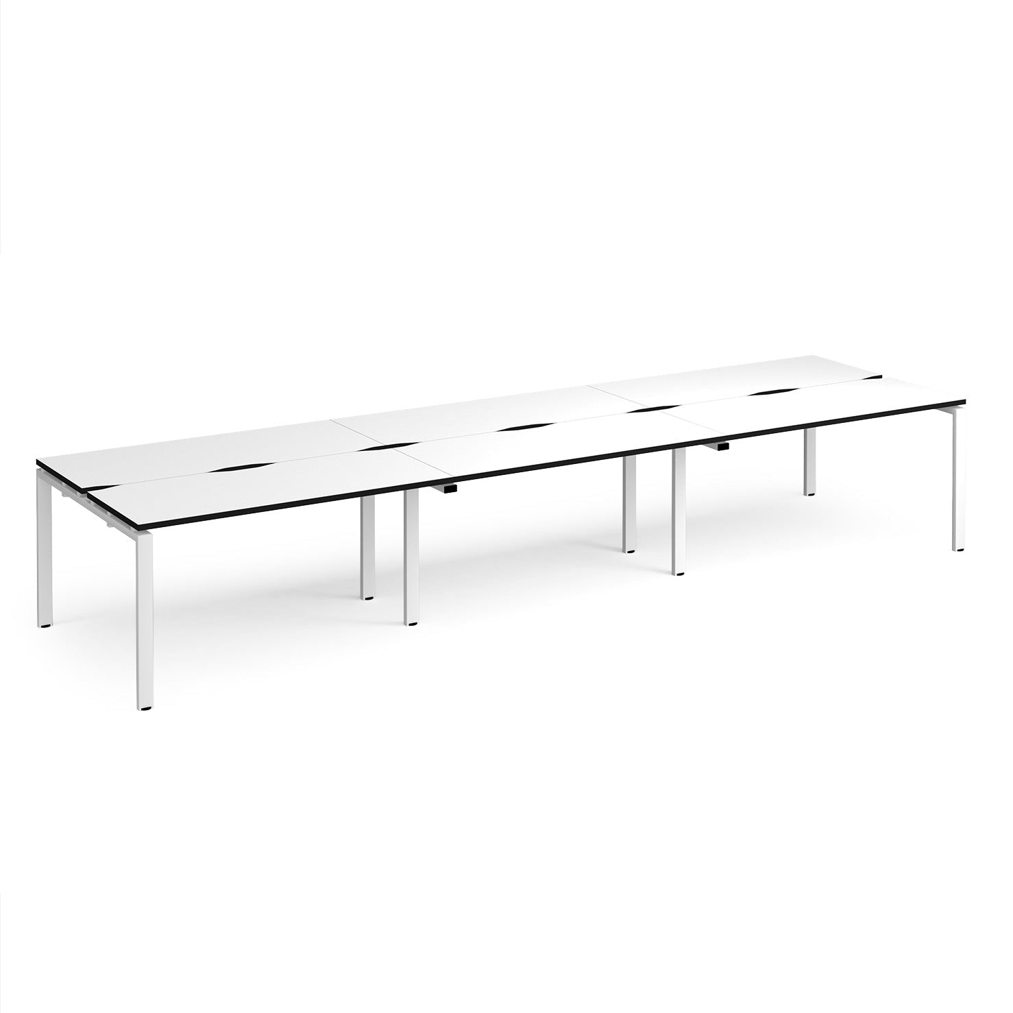 Long back-to-back desk with white top with black edges and white metal frame on a white background