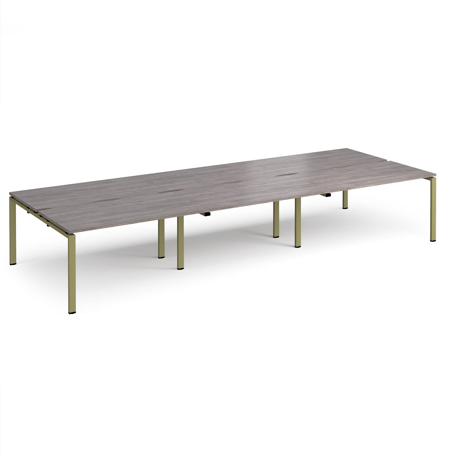 Long back-to-back desk with grey wood-effect top and green metal frame on a white background