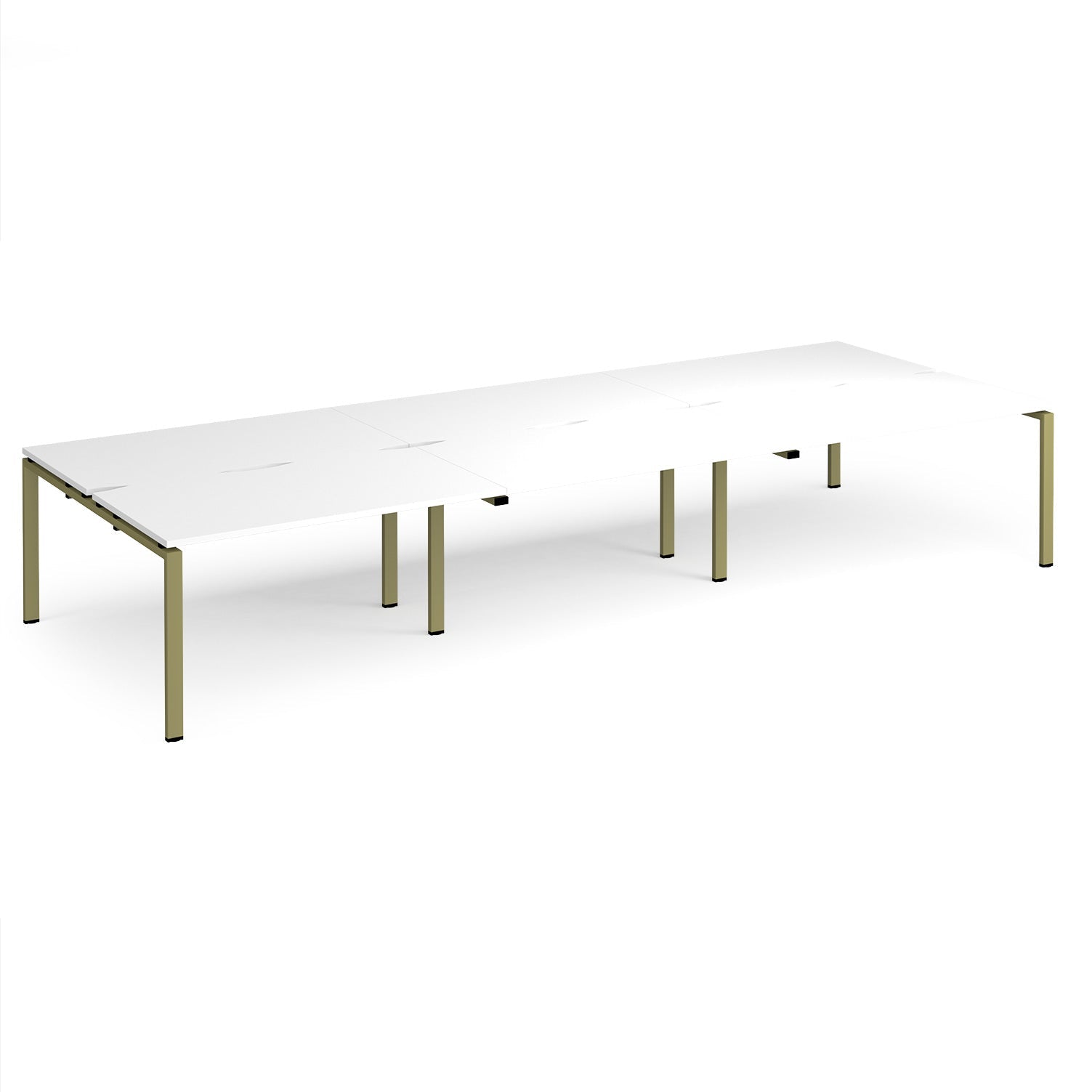 Long back-to-back desk with white top and green metal frame on a white background
