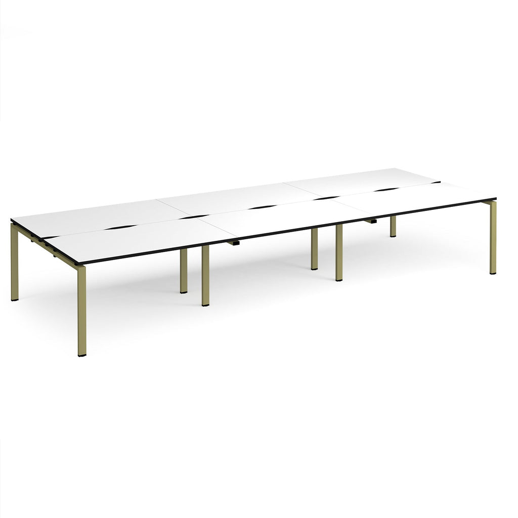 Long back-to-back desk with white top with black edges and green metal frame on a white background