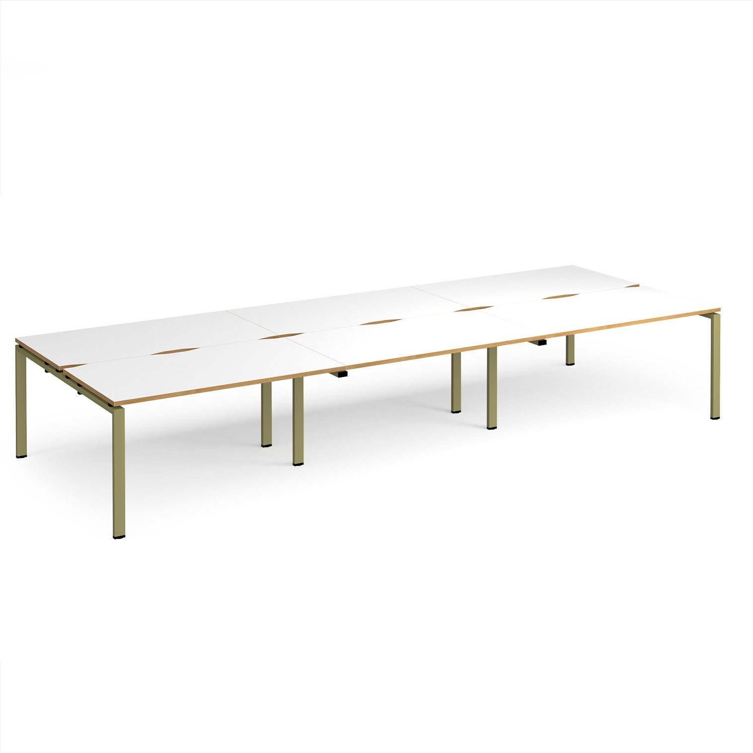 Long back-to-back desk with white top with wooden edges and green metal frame on a white background