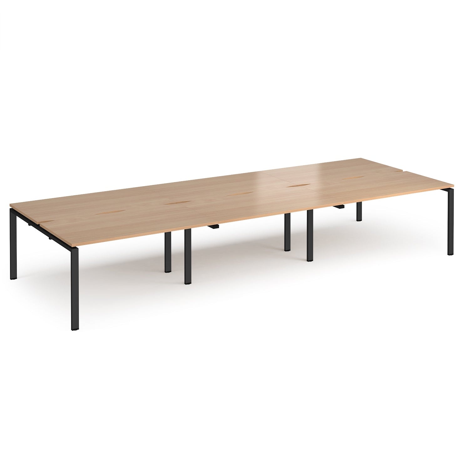 Long back-to-back desk with wood-effect top and black metal frame on a white background