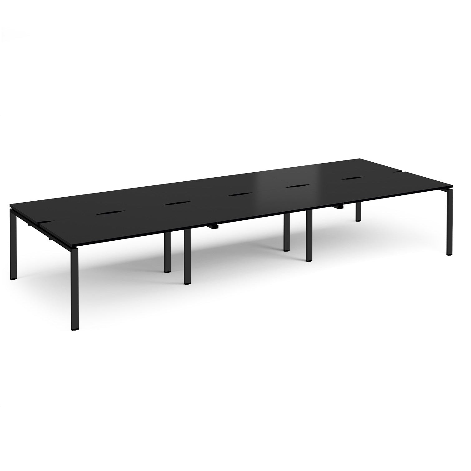 Black long back-to-back desk with metal frame on a white background