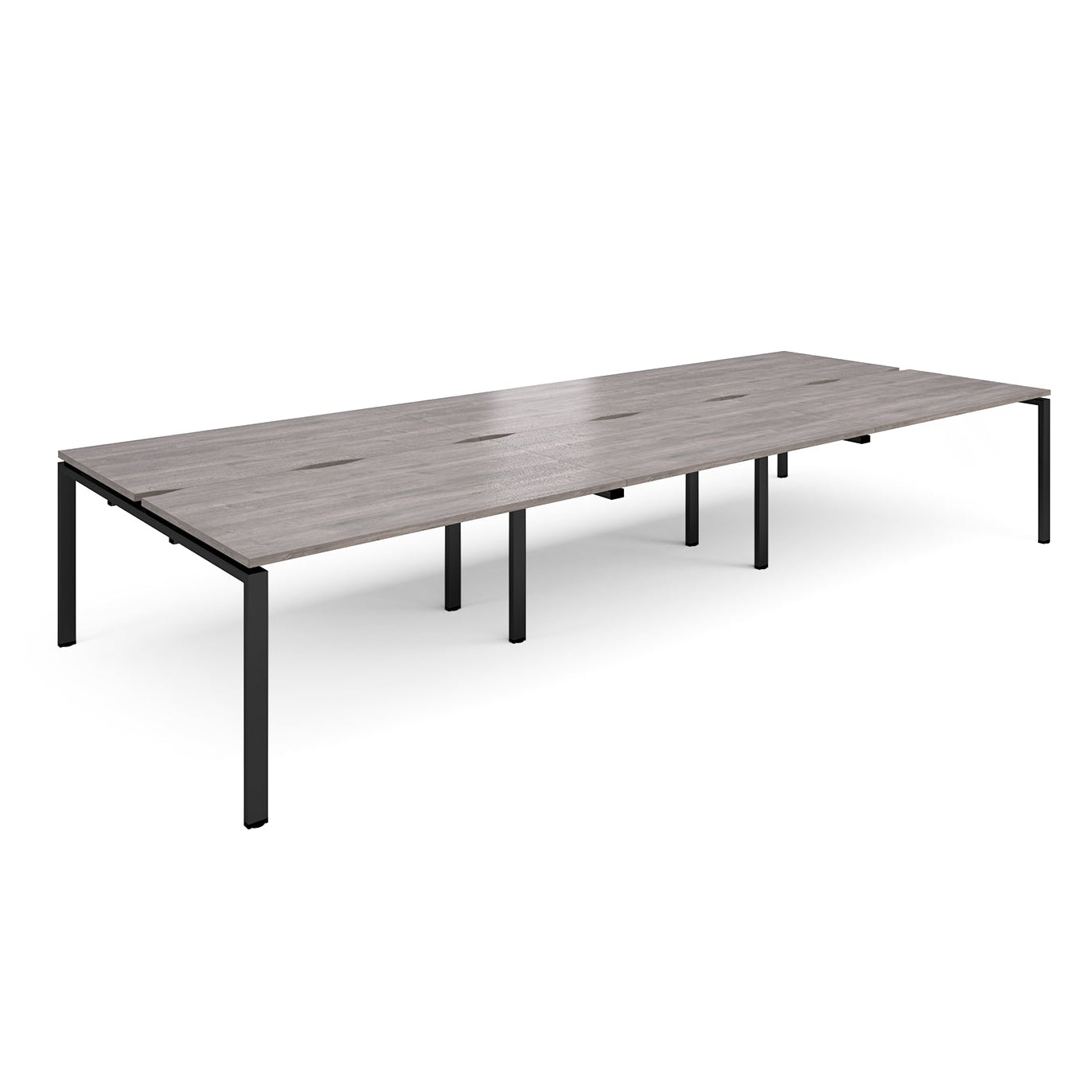 Long back-to-back desk with grey wood-effect top and black metal frame on a white background