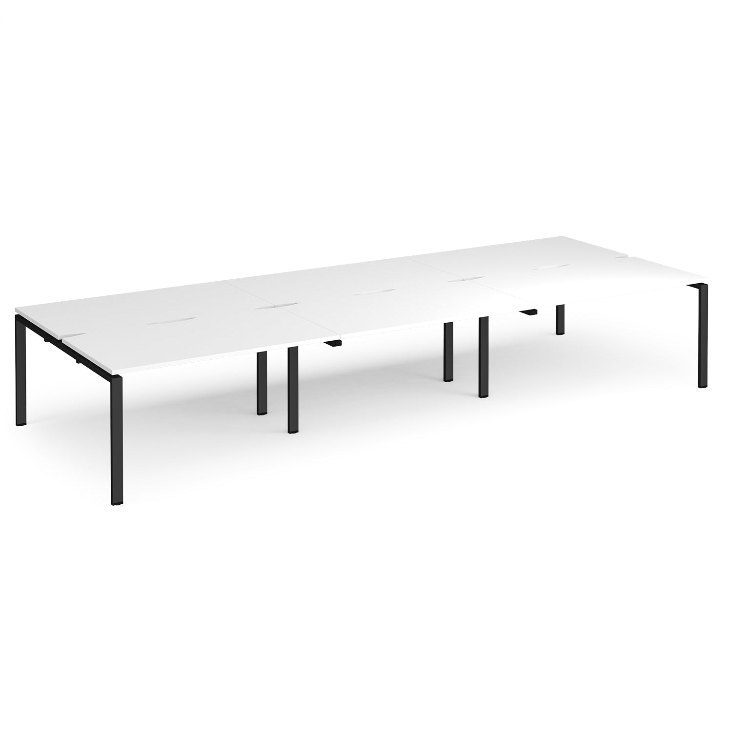 Long back-to-back desk with white top and black metal frame on a white background
