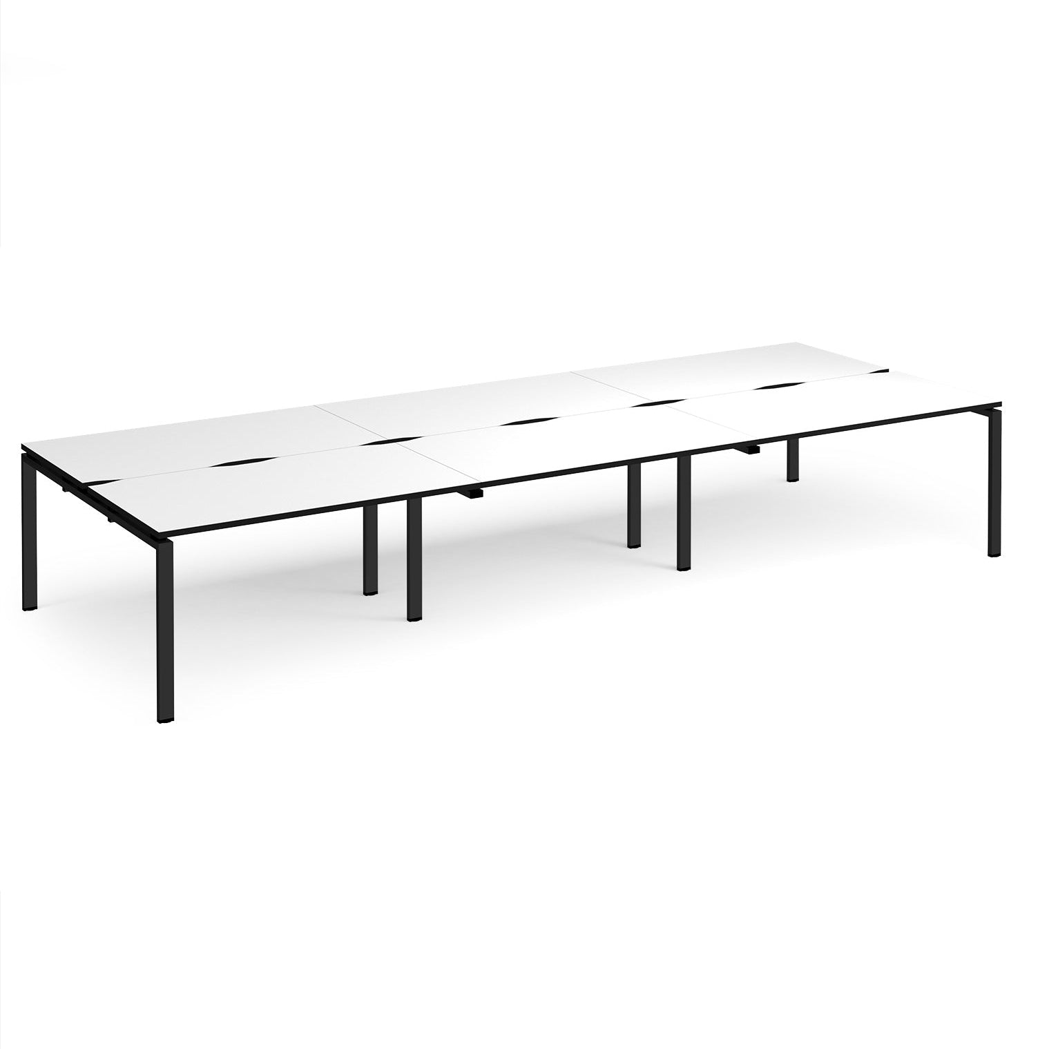 Long back-to-back desk with white top with black edges and black metal frame on a white background
