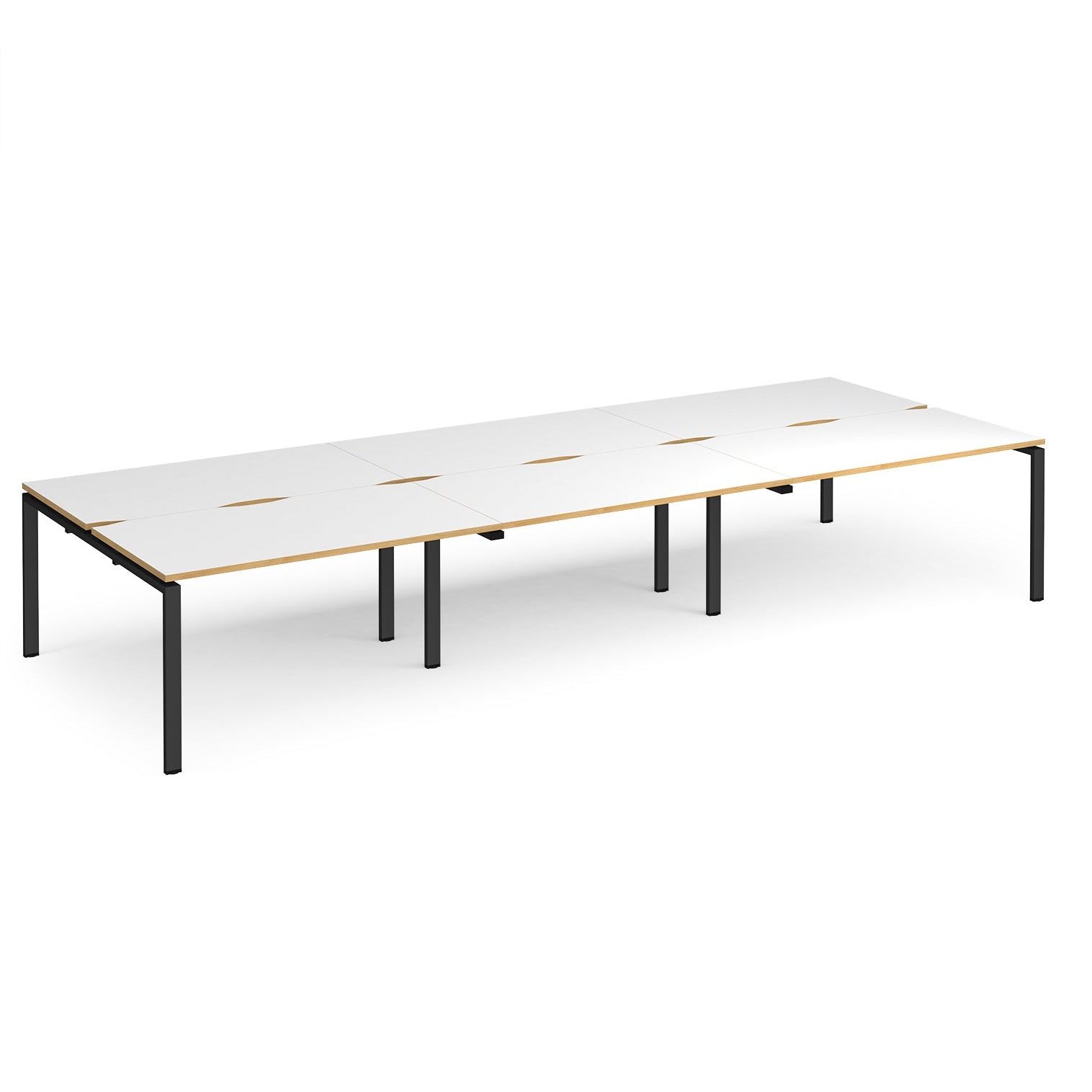 Long back-to-back desk with white top with wooden edges and black metal frame on a white background