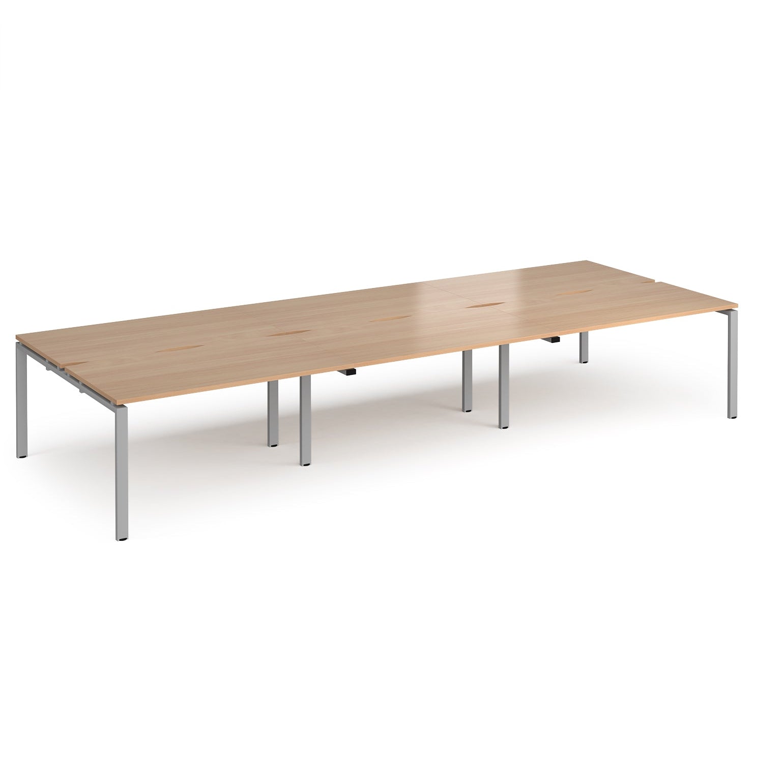 Long back-to-back desk with wood-effect top and silver metal frame on a white background