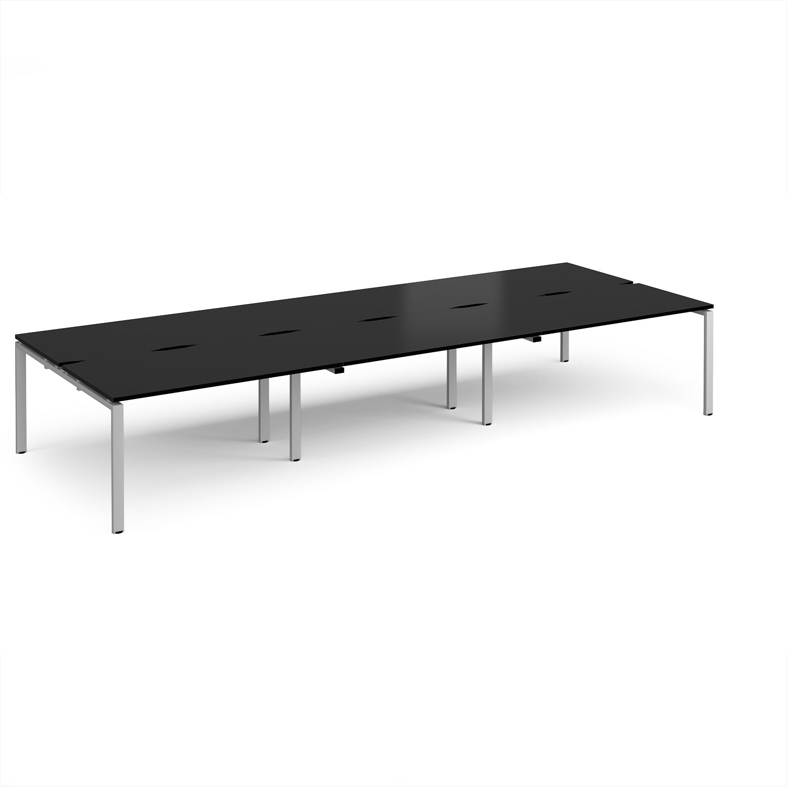 Long back-to-back desk with black top and silver metal frame on a white background