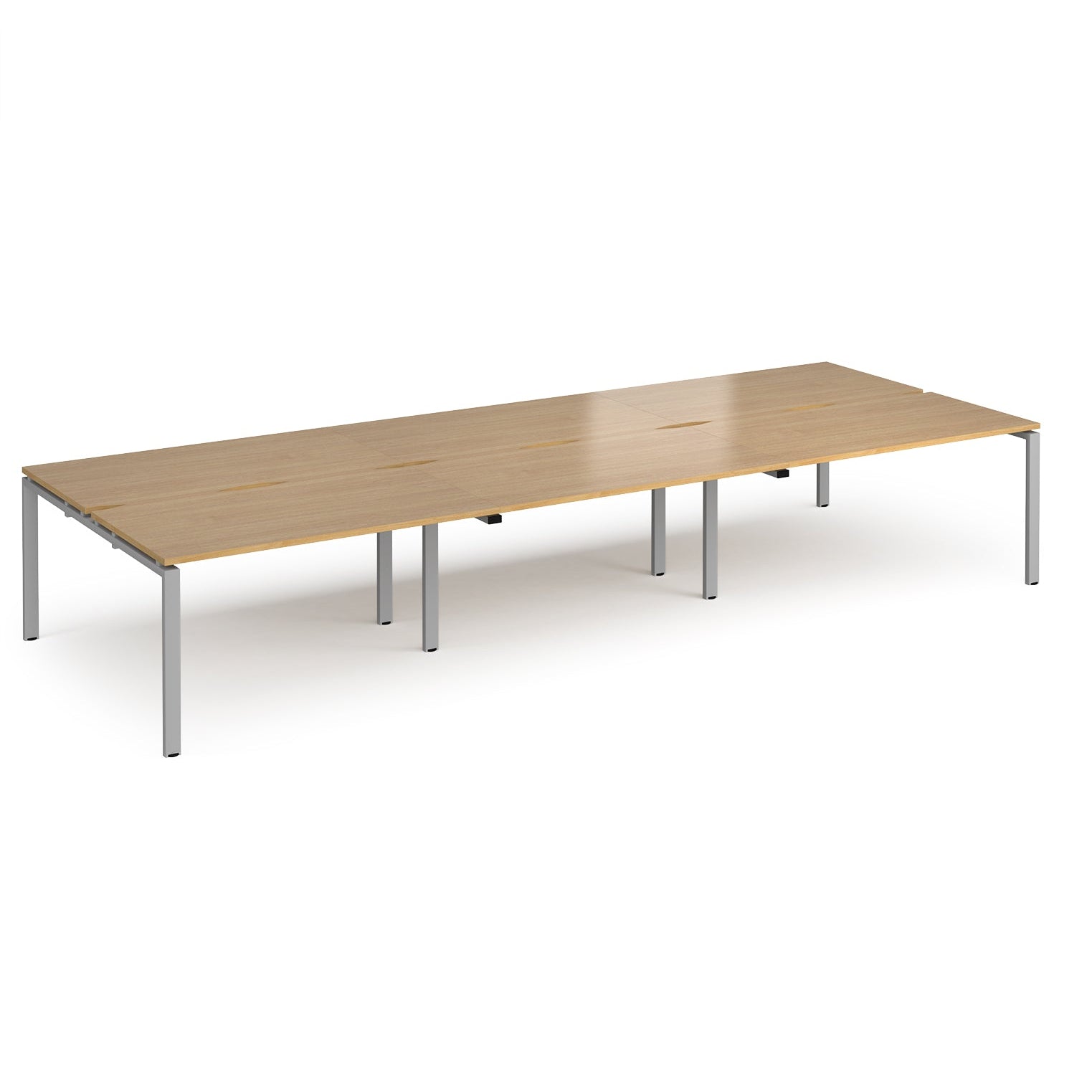 Long back-to-back desk with wood-effect top and silver metal frame on a white background