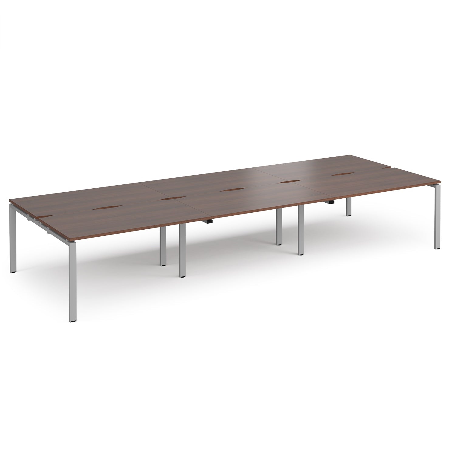 Long back-to-back desk with wood-effect top and silver metal frame on a white background