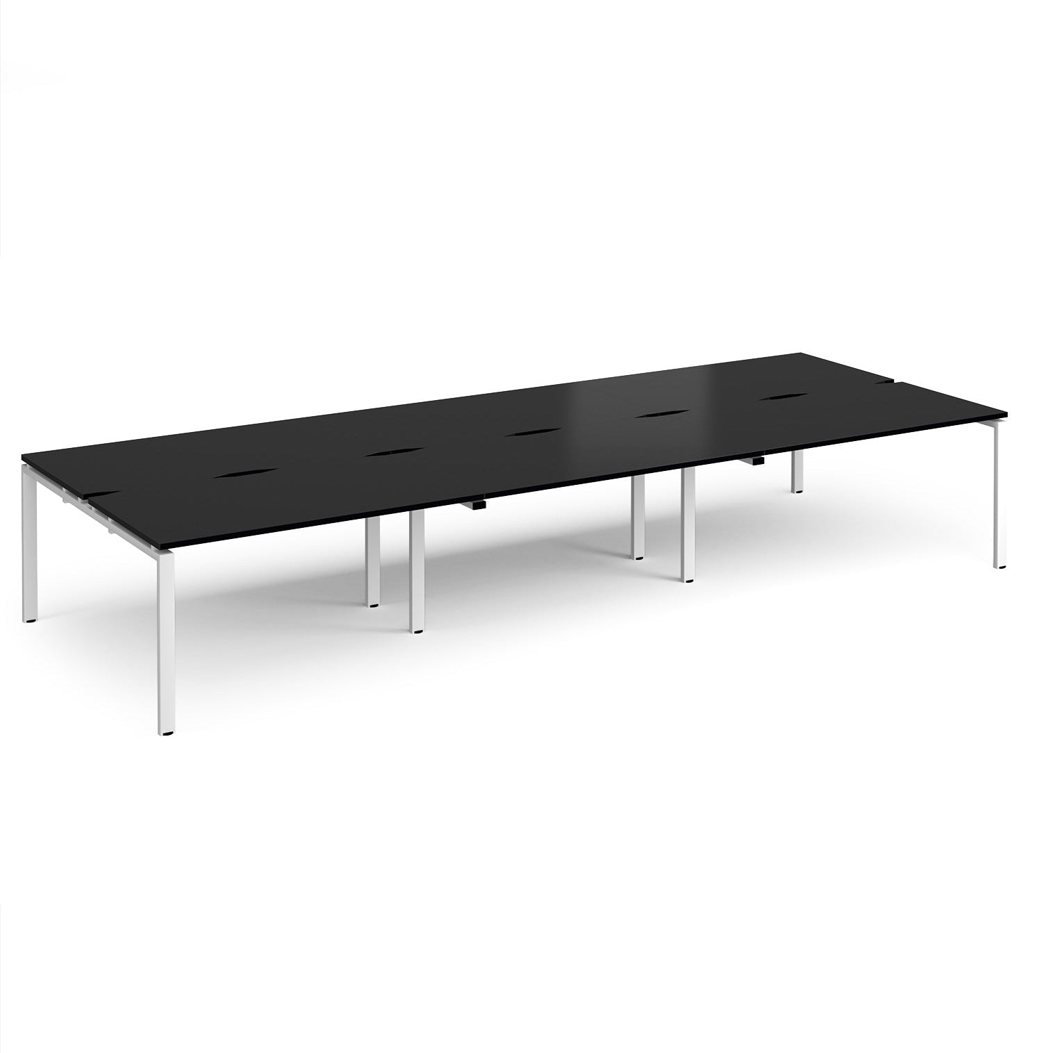 Long back-to-back desk with black top and white metal frame on a white background