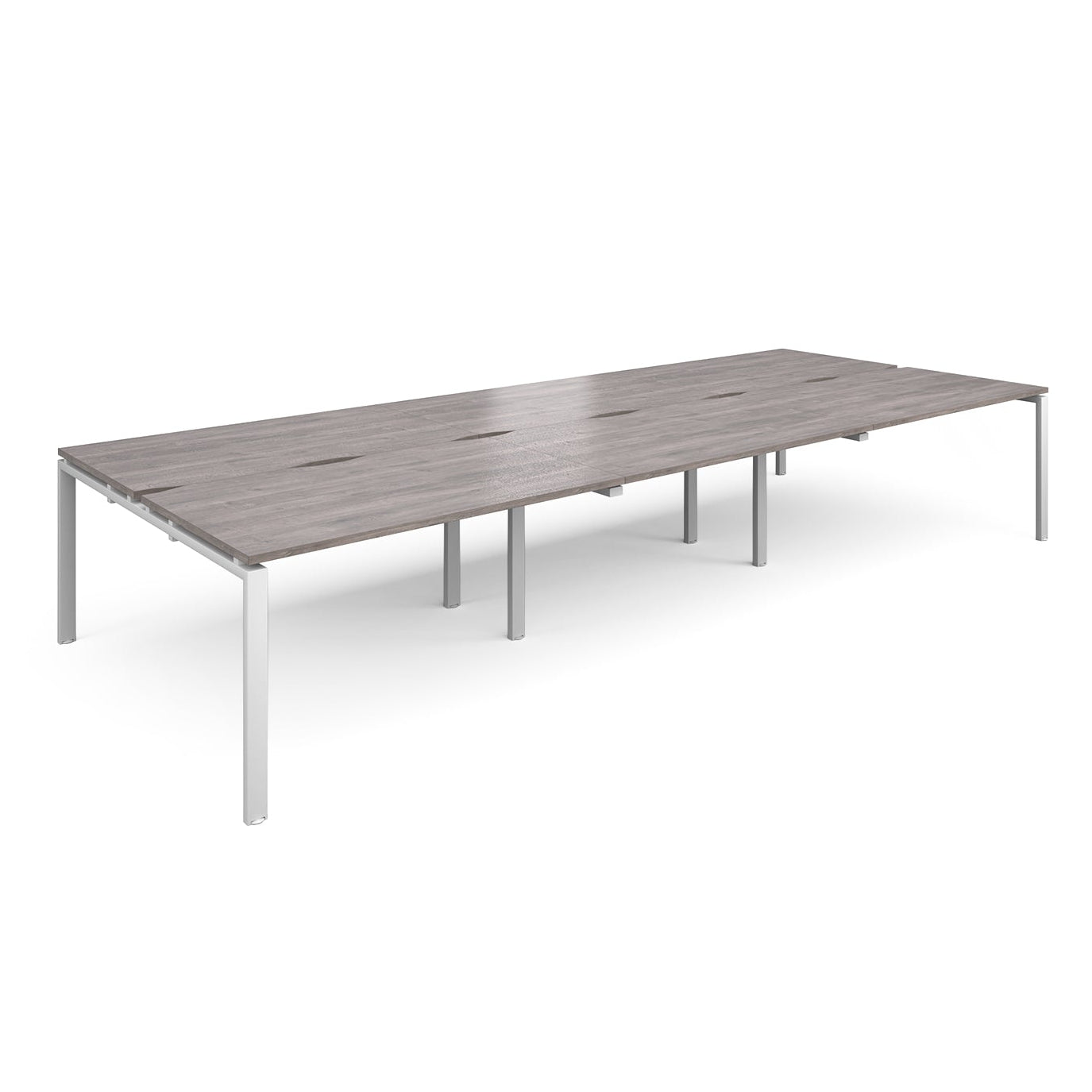 Long back-to-back desk with grey wood-effect top and white metal frame on a white background