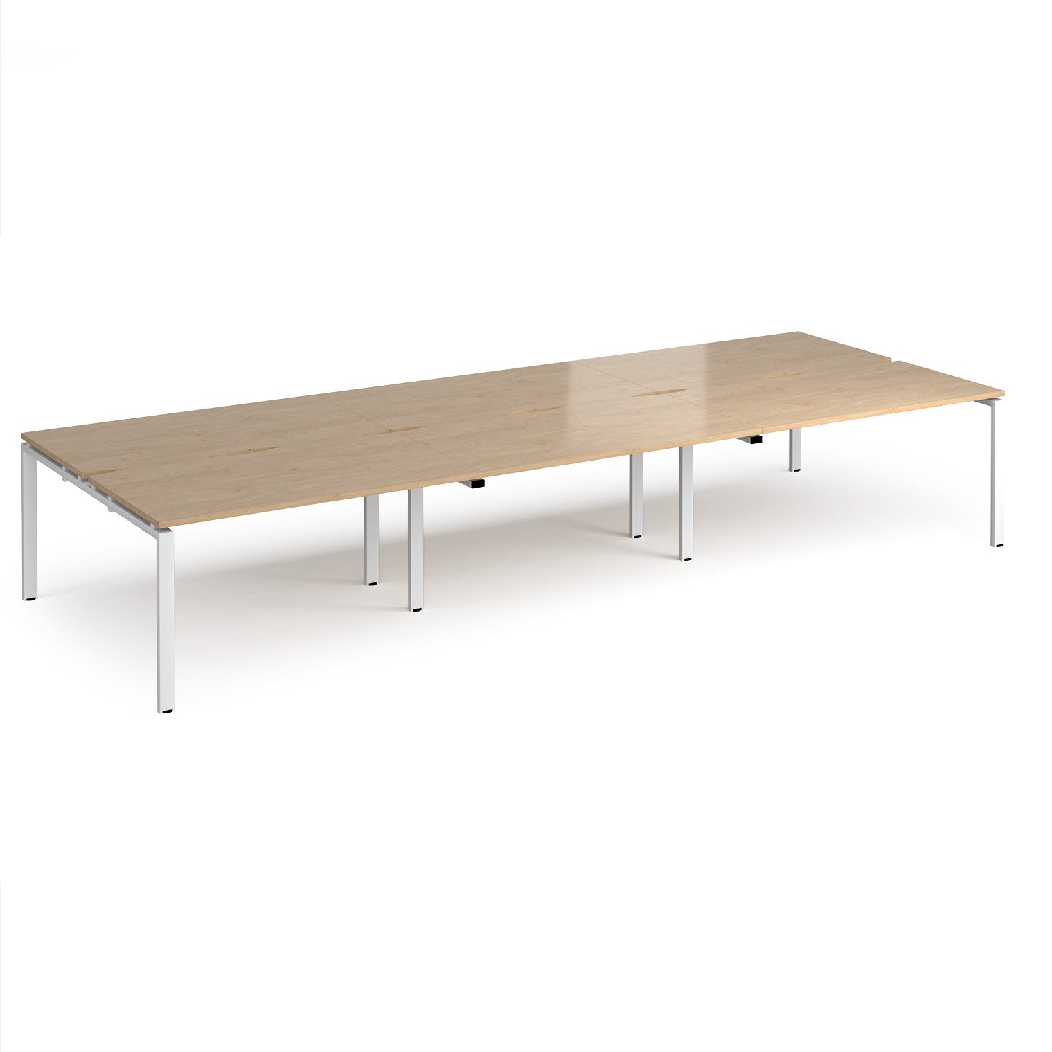 Long back-to-back desk with wood-effect top and white metal frame on a white background