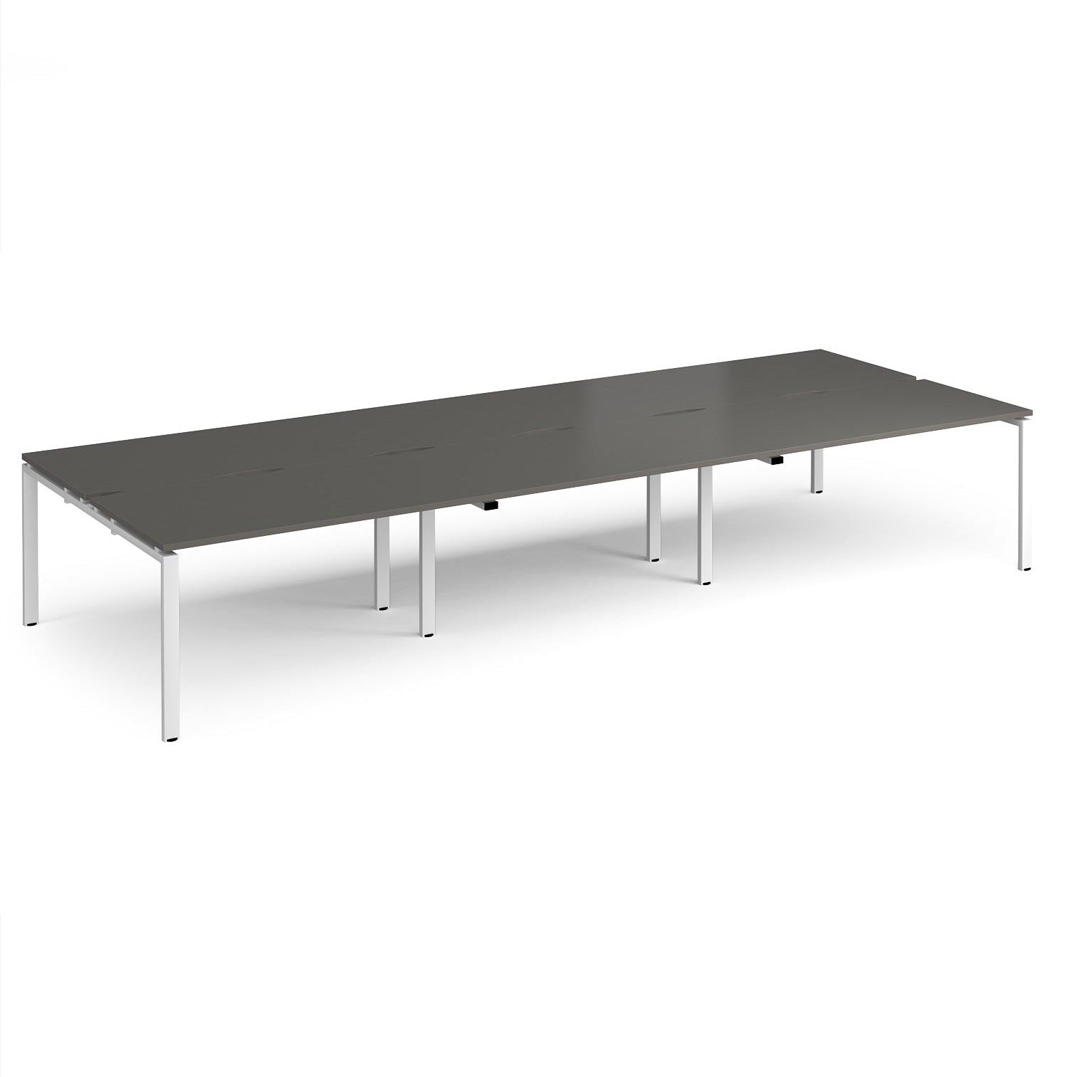 Long back-to-back desk with wood-effect top and black metal frame on a white background