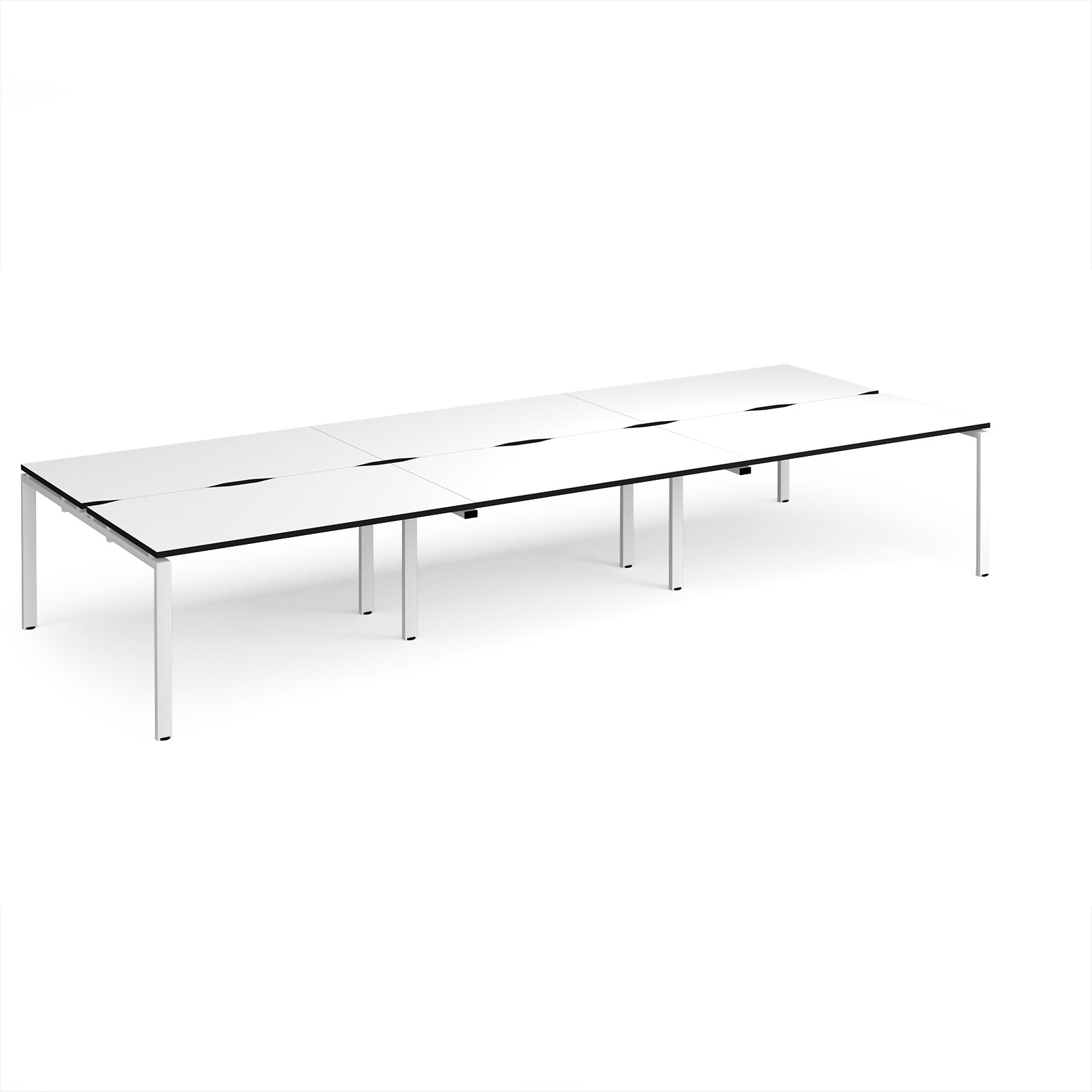 Long back-to-back desk with white top with black edges and white metal frame on a white background