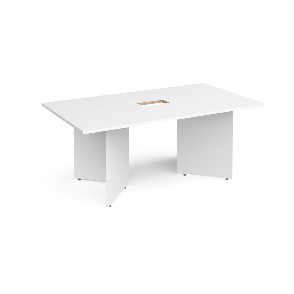 A modern white rectangular office desk with a central cable management cut-out, shown on a clean white background.