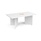 A modern white rectangular office desk with a central cable management cut-out, shown on a clean white background.