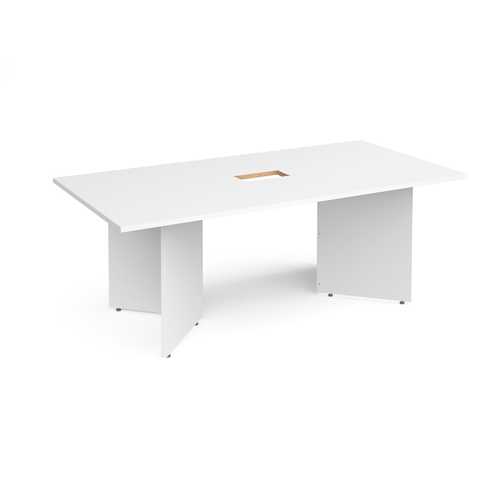 A modern white rectangular office desk with a central cable management cut-out, shown on a clean white background.