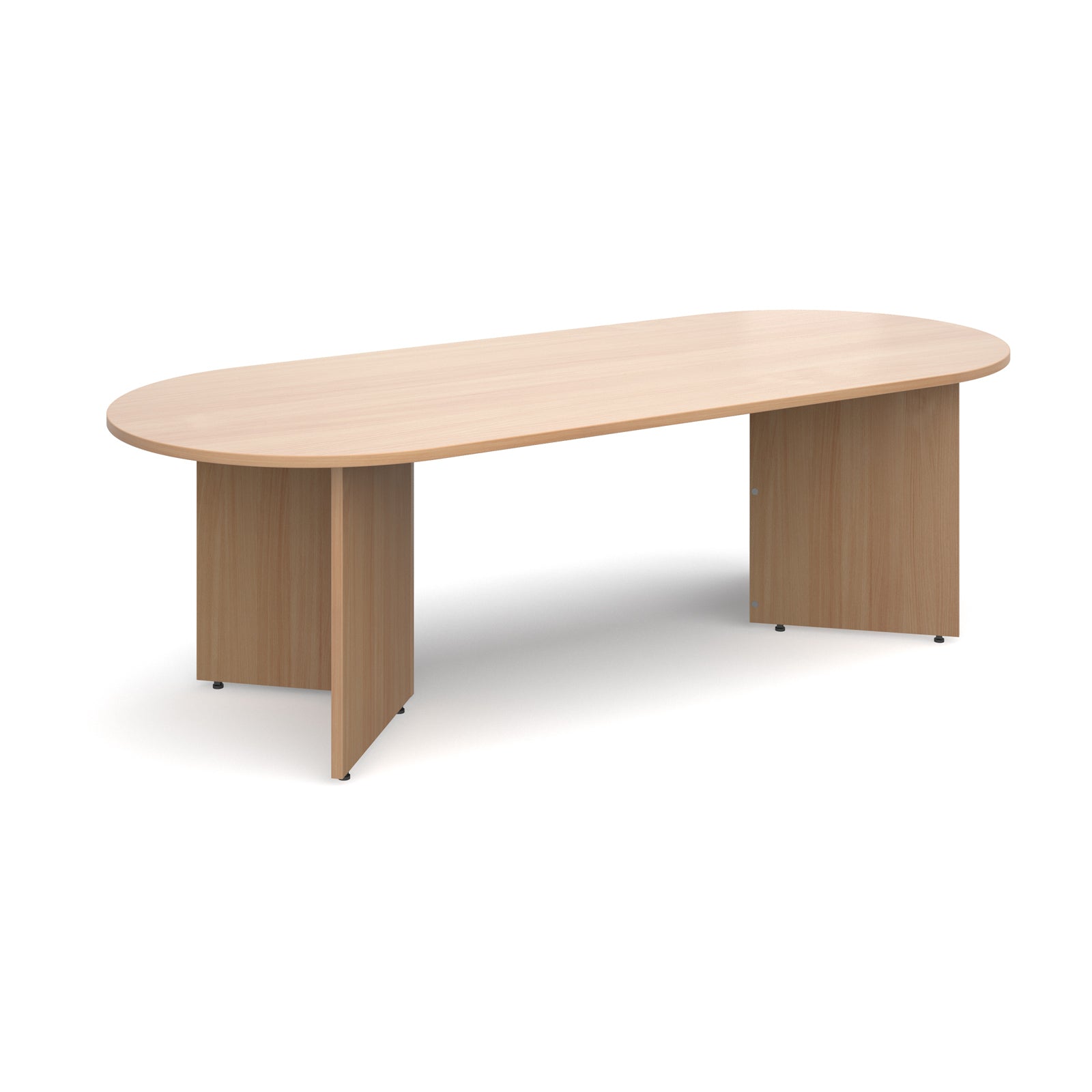 Oval-shaped wood-effect conference table on a white background