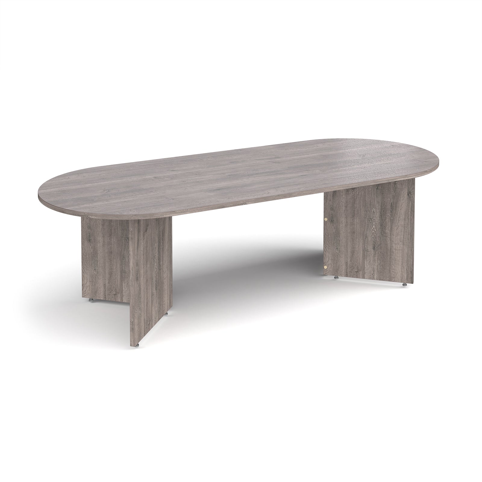 Oval-shaped grey wood-grain table on a white background
