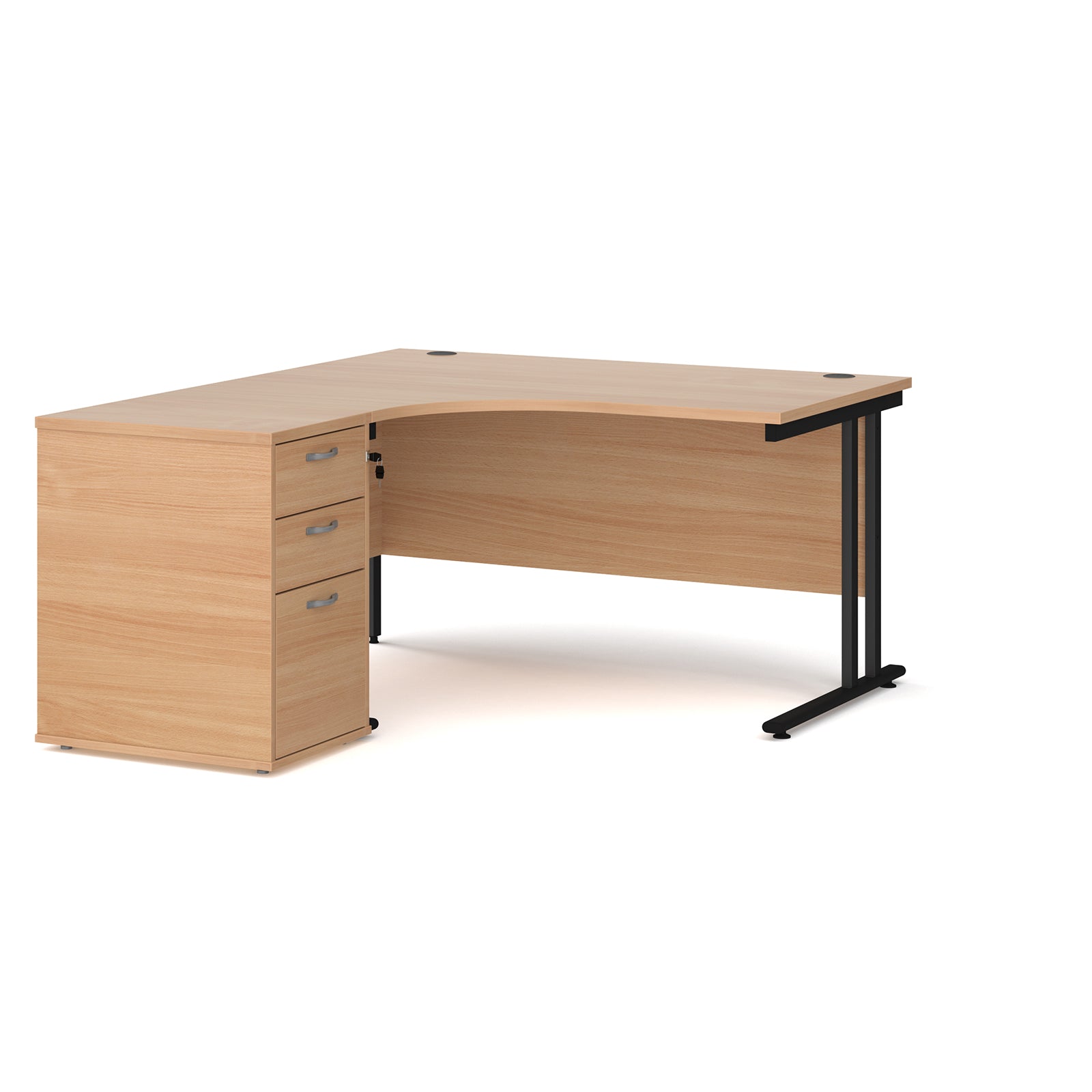 Wooden corner desk with metal legs and matching pedestal on a white background