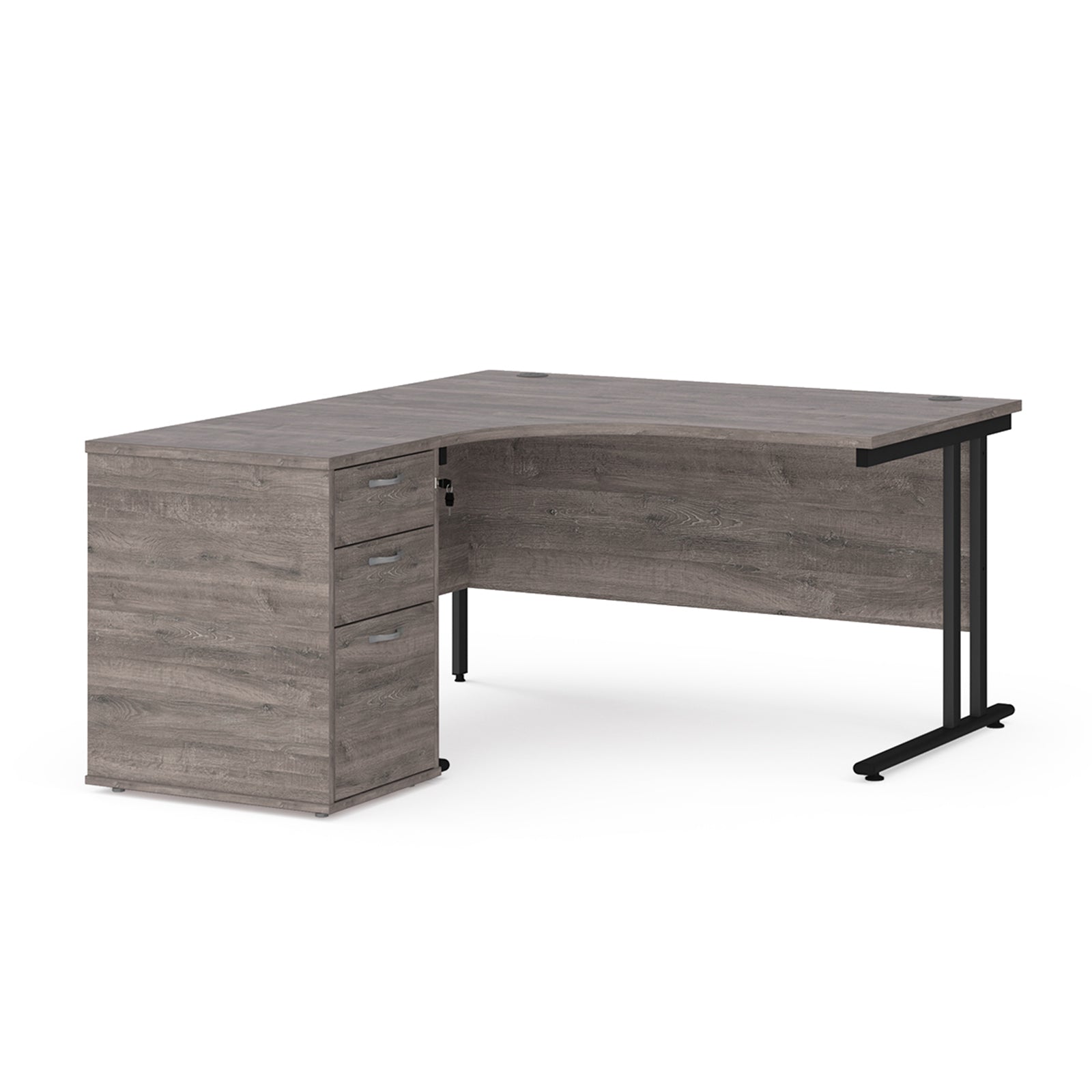 Wooden corner desk with metal legs and matching pedestal on a white background