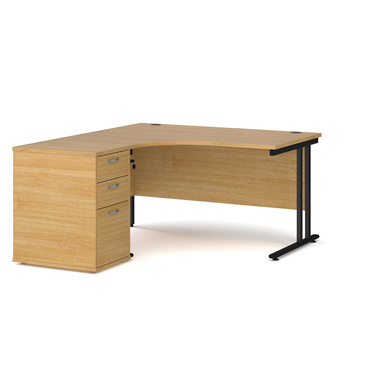 Wooden corner desk with metal legs and matching pedestal on a white background