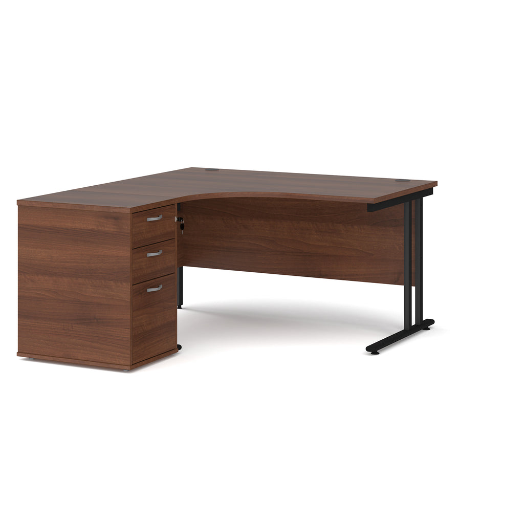 Wooden corner desk with metal legs and matching pedestal on a white background